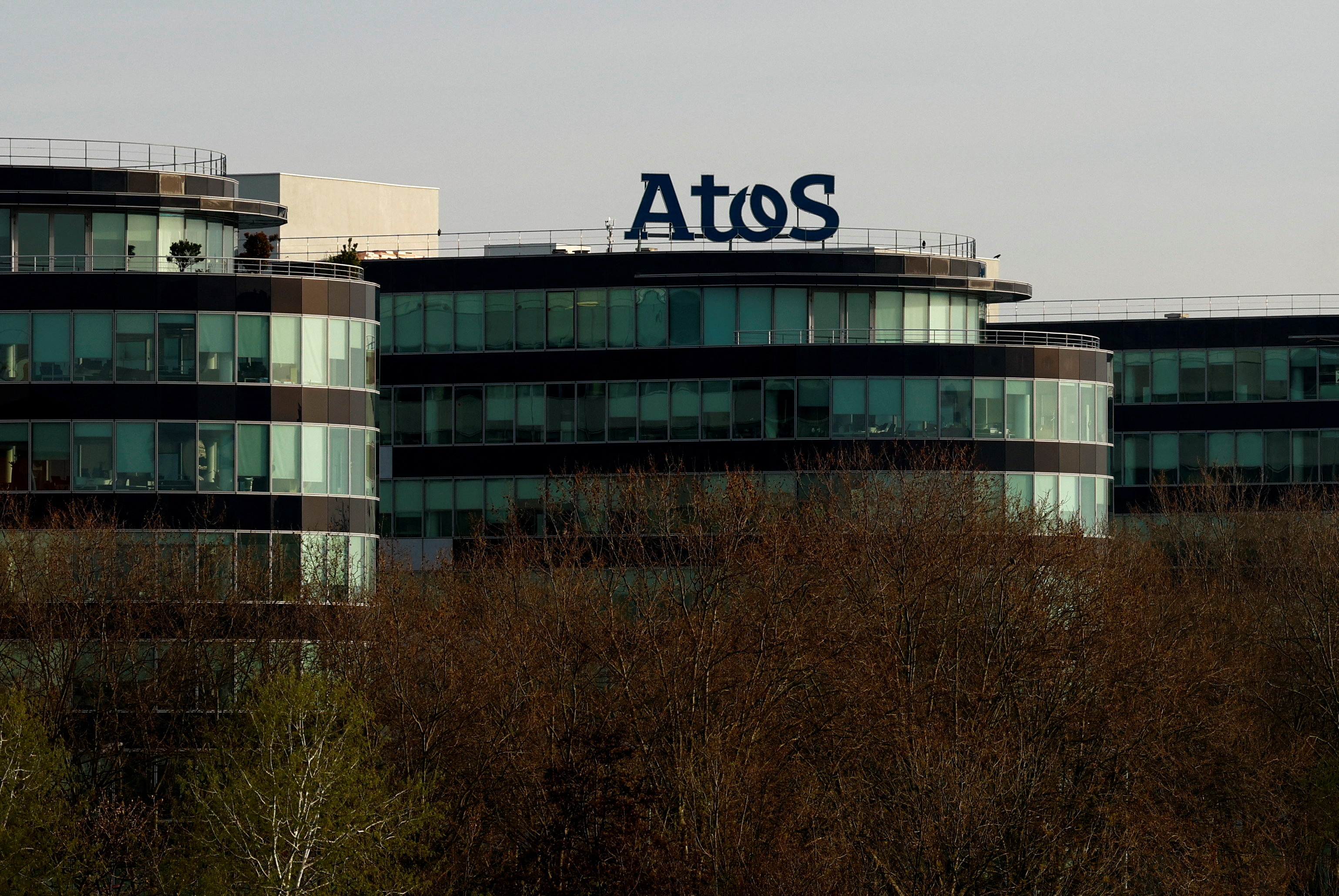 The logo of French IT consulting firm Atos is seen on a company building in Bezons near Paris