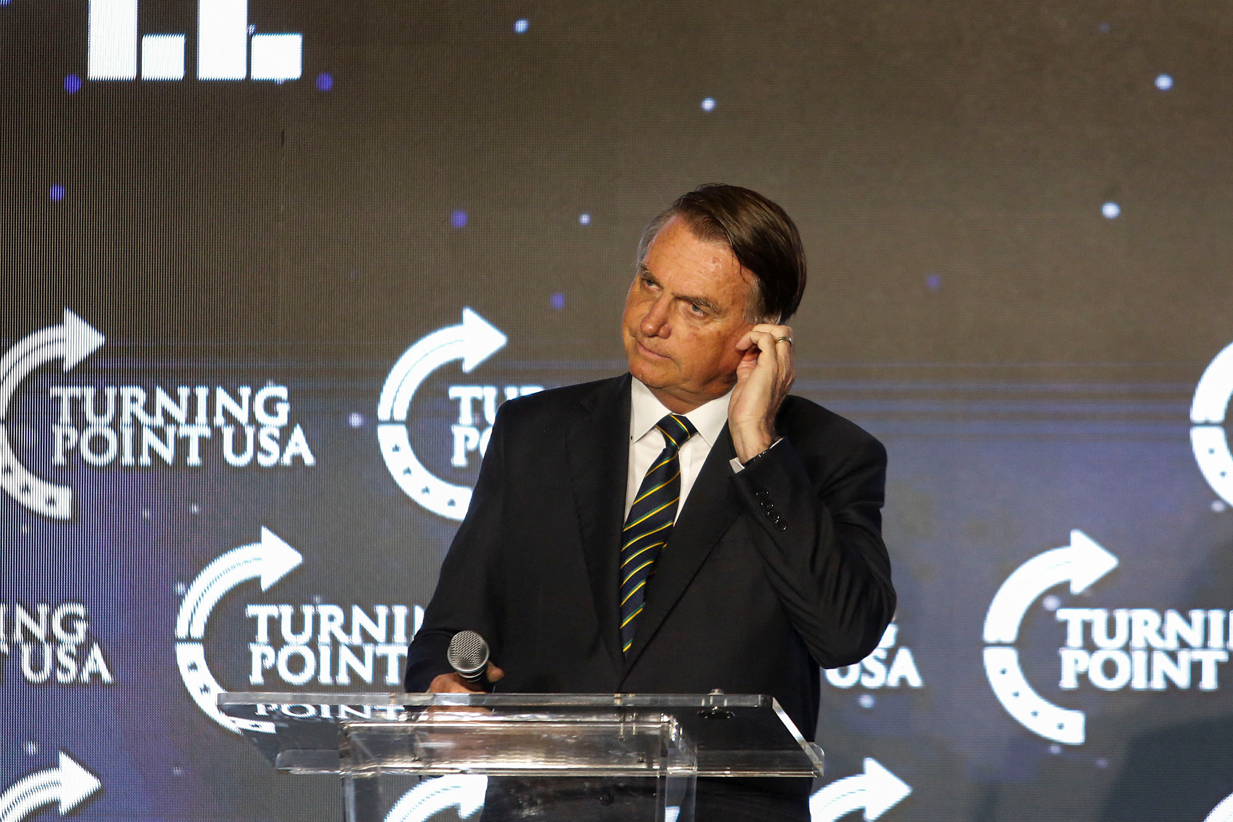 Former Brazilian President Jair Bolsonaro speaks at a Turning Point USA event in Doral
