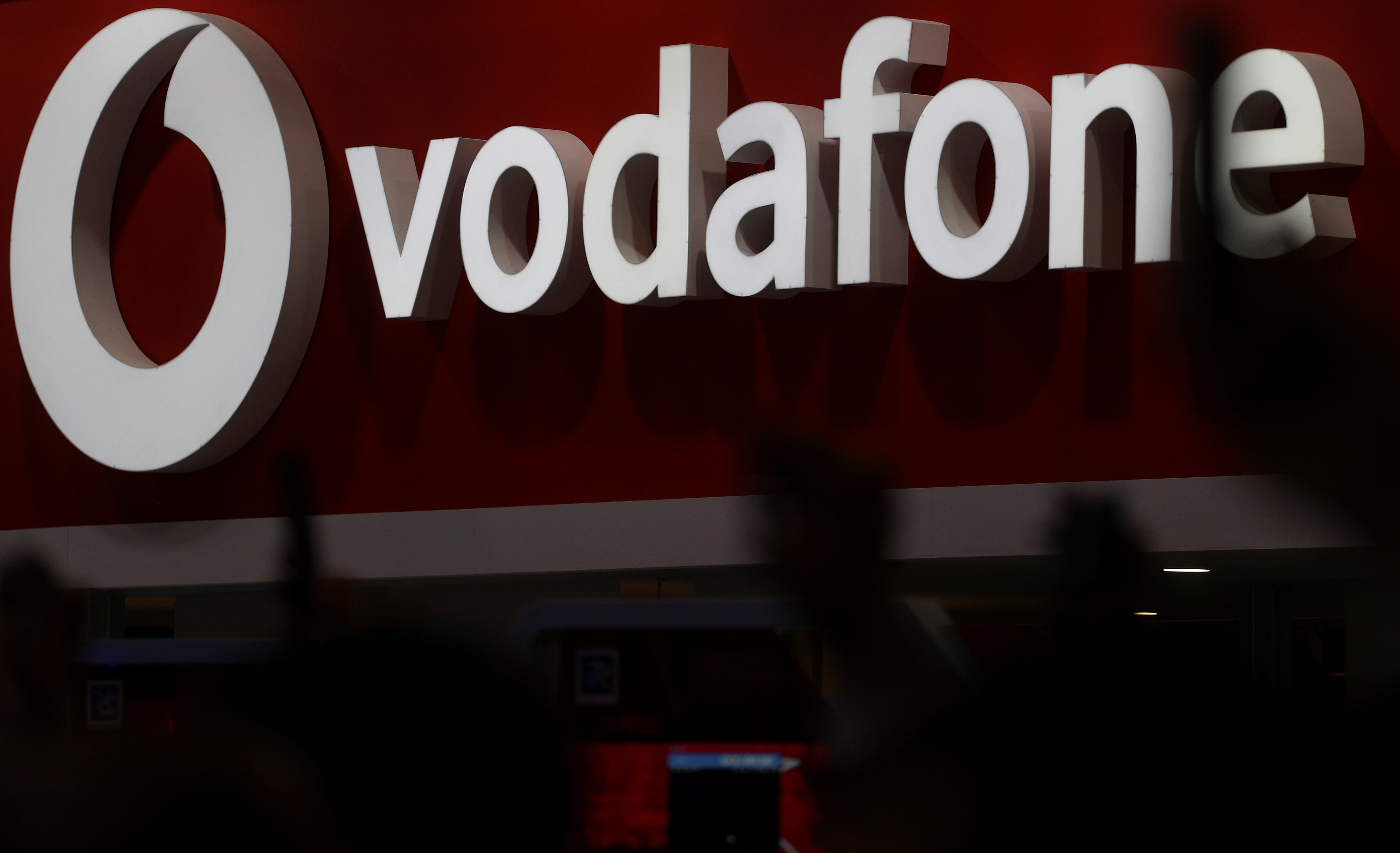 The Vodafone logo is seen at the Mobile World Congress in Barcelona