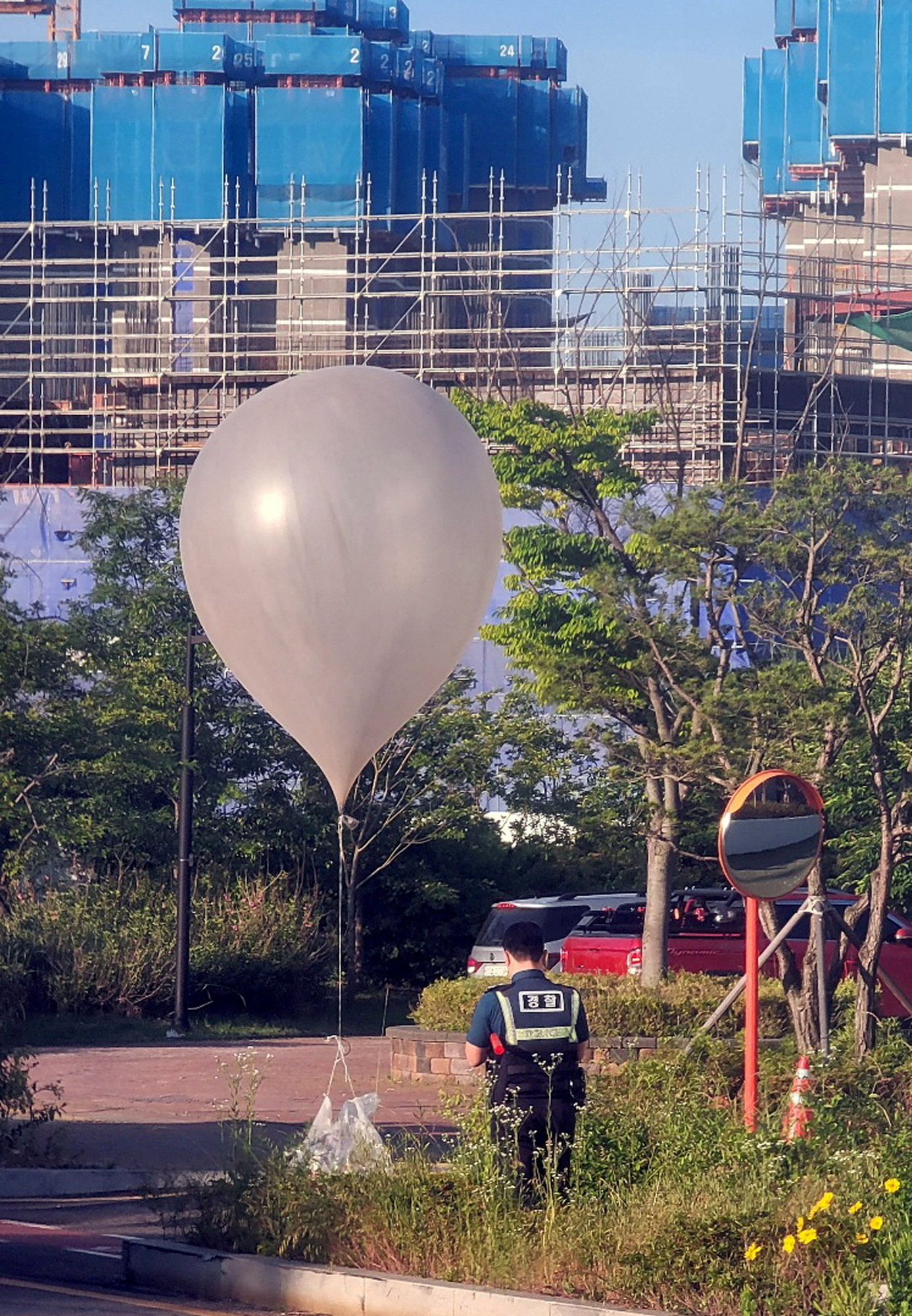 A balloon believed to have been sent by North Korea, carrying various objects including what appeared to be trash, is pictured in Incheon