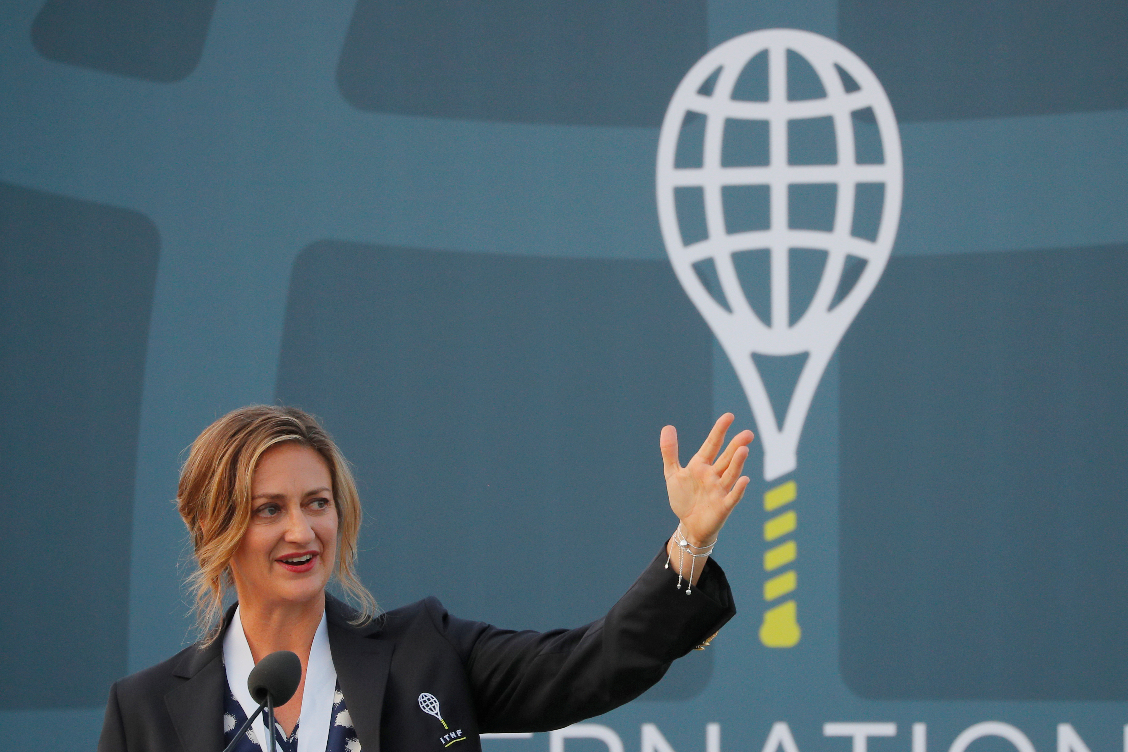 Mary Pierce of France speaks as she is inducted into the International Tennis Hall of Fame in Newport