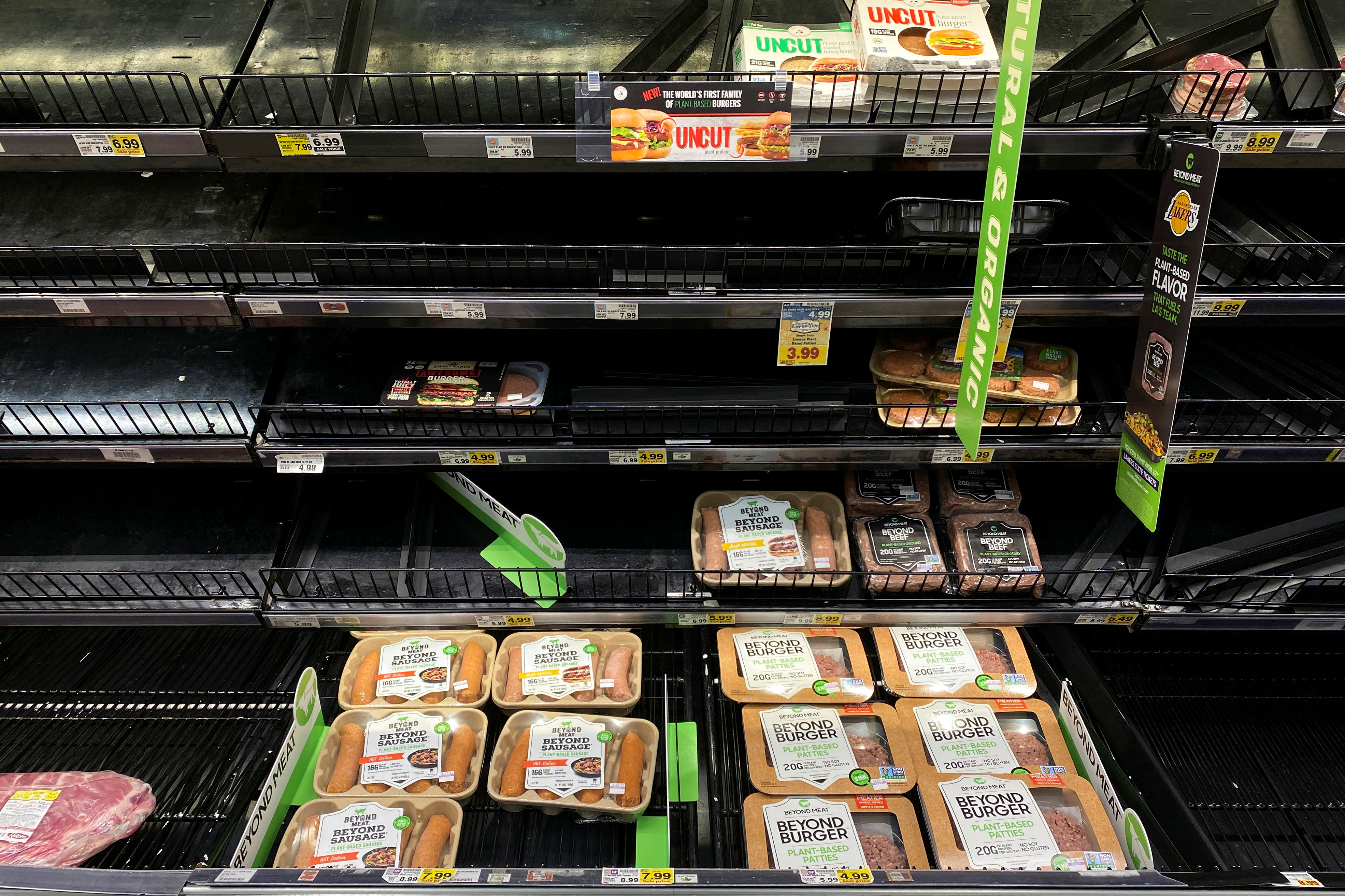 Beyond Meat products are displayed on grocery store shelves inside Kroger Co.'s Ralphs supermarket amid fears of the global growth of coronavirus cases, in Los Angeles, California, U.S. March 15, 2020.  REUTERS/Patrick T. Fallon