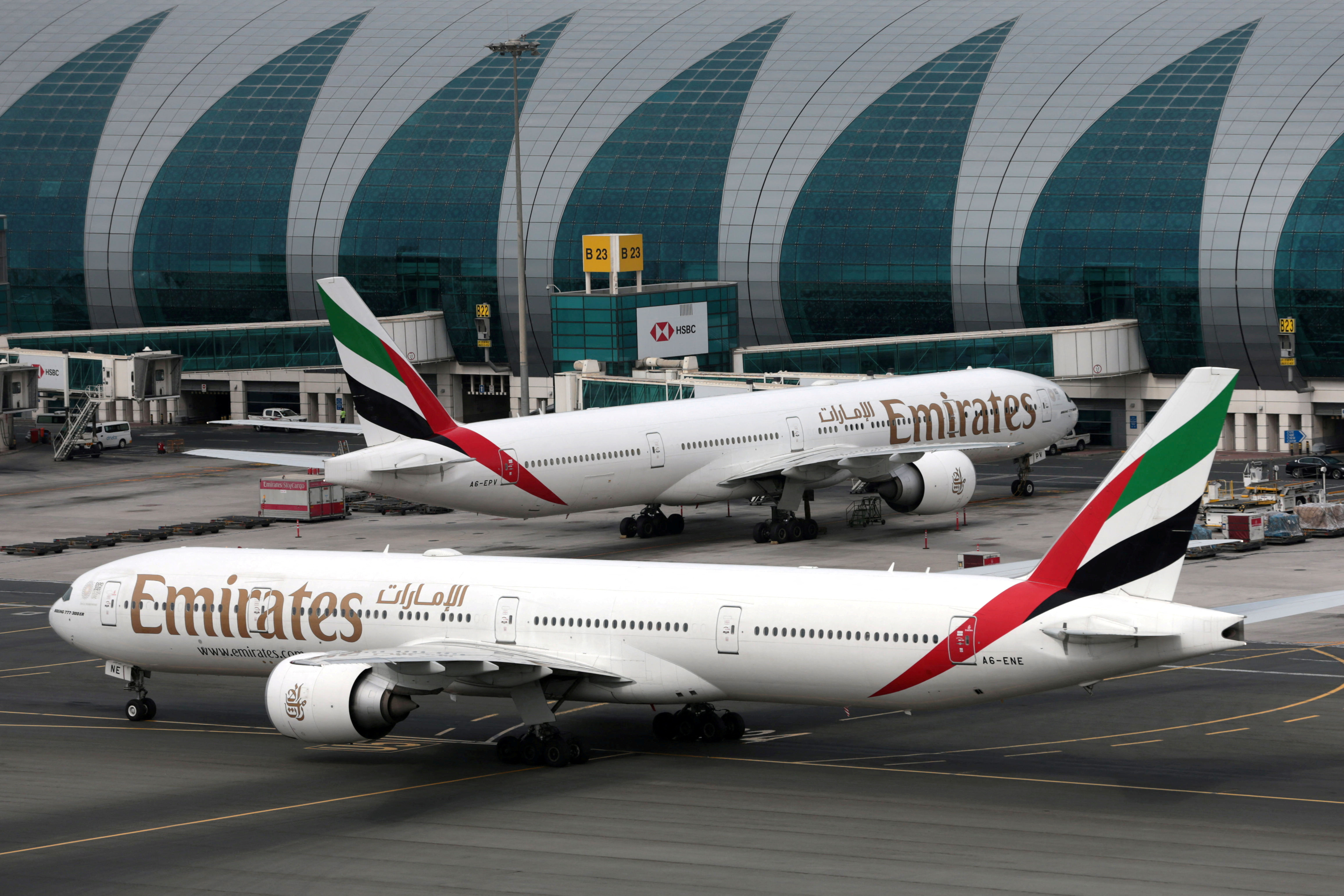 Emirates Airline Boeing 777 planes at are seen Dubai International Airport