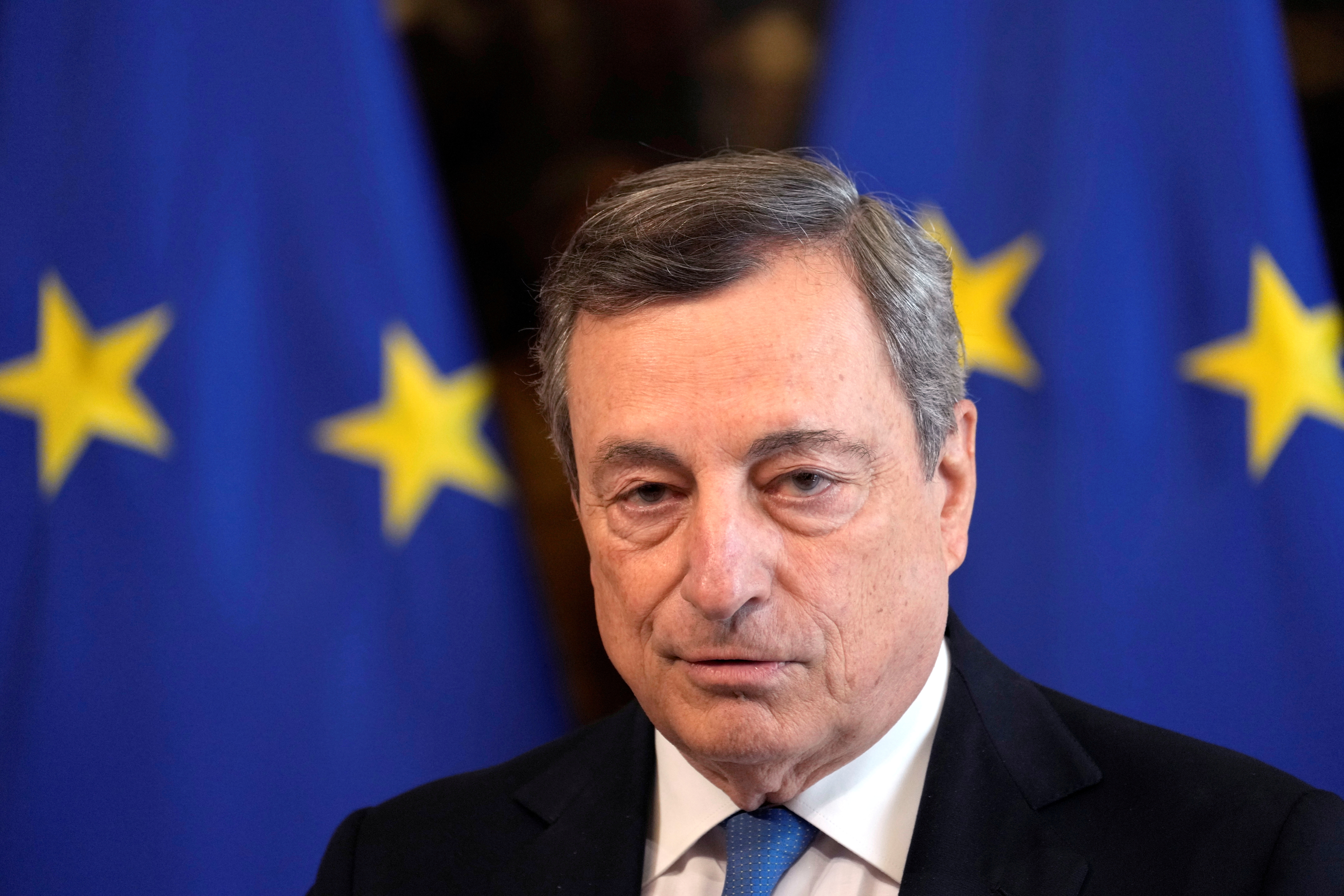 Italian Prime Minister Mario Draghi attends a news conference in Rome