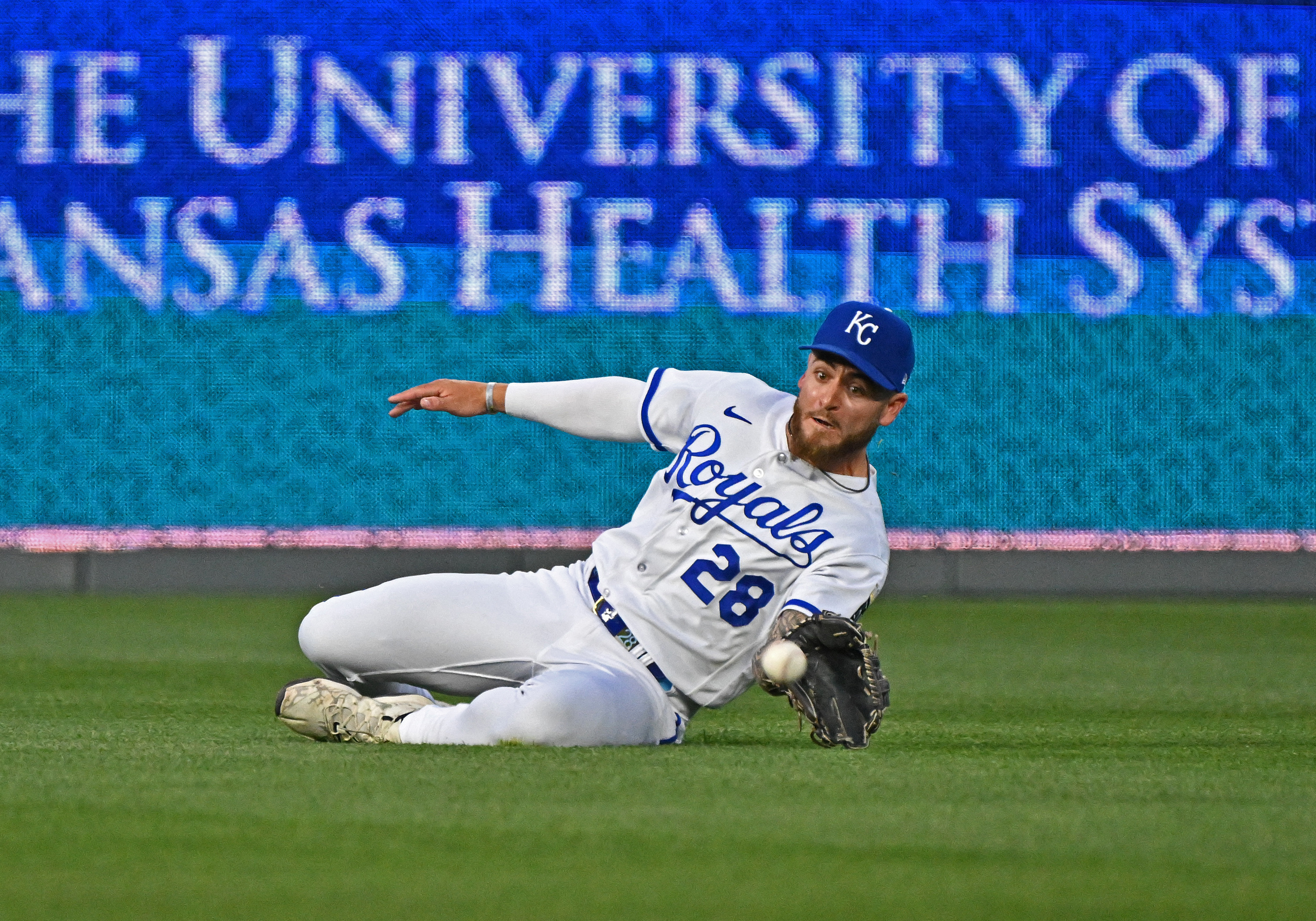 KANSAS CITY, MO - APRIL 18: Kansas City Royals center fielder Kyle Isbel  (28) during an MLB game between the Texas Rangers and Kansas City Royals on  April 18, 2023 at Kauffman