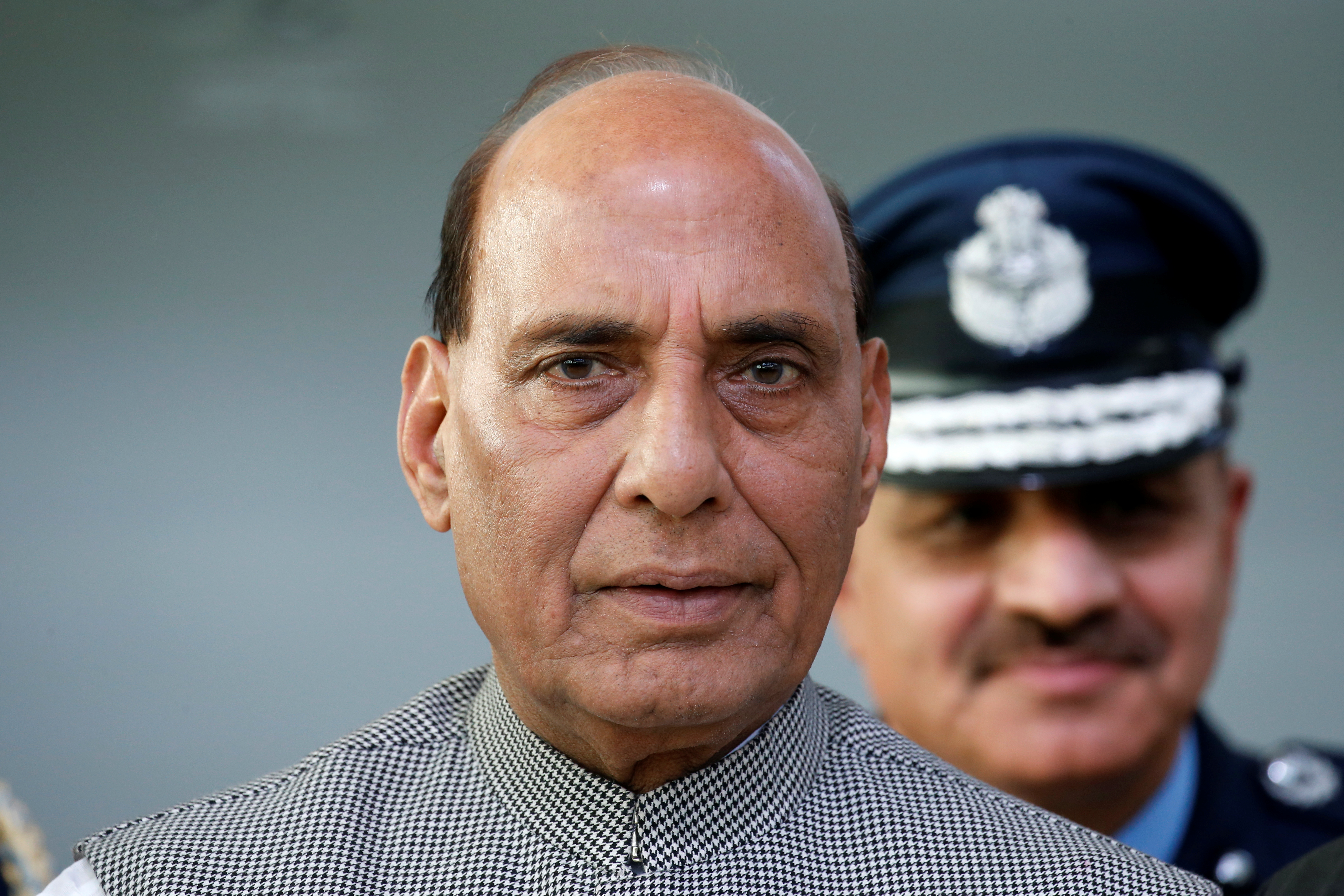 India's Defence Minister Rajnath Singh attends during a ceremony for the delivery of the first Rafale fighter to the Indian Air Force in Merignac