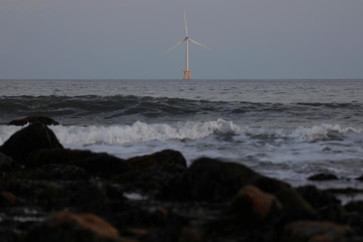 One of the Block Island Wind Farm structures, part of the first commercial offshore wind farm in the United States, located 3.8 miles (6km) from Block Island, sits in the Atlantic Ocean in New Shoreham, Rhode Island,  U.S., August 5, 2019. REUTERS/Shannon Stapleton