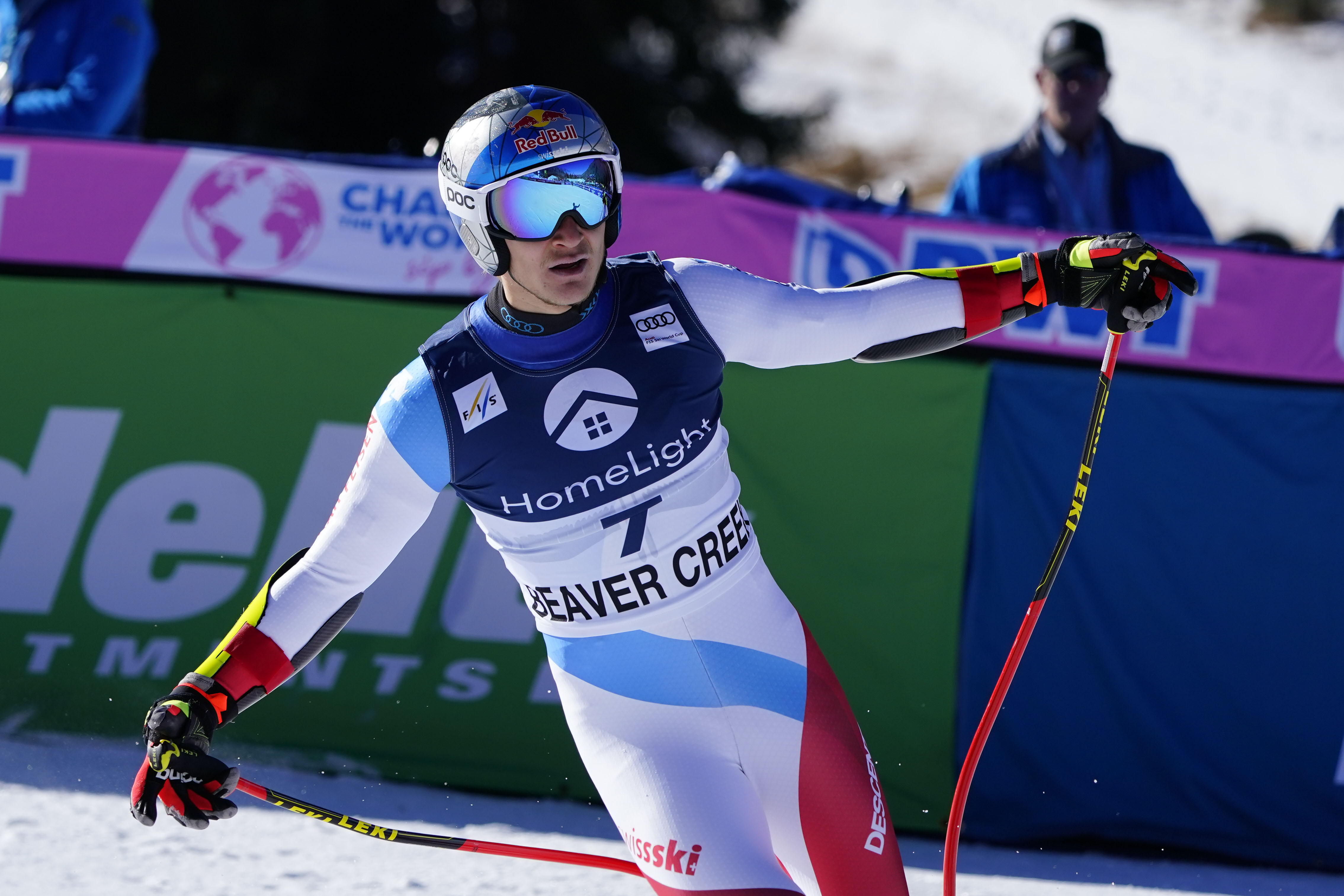 Dec 2, 2021; Beaver Creek, Colorado, USA; Marco Odermatt of Switzerland reacts after finishing during first of two men's Super G races at the Birds of Prey FIS alpine skiing World Cup at Beaver Creek. Mandatory Credit: Michael Madrid-USA TODAY Sports