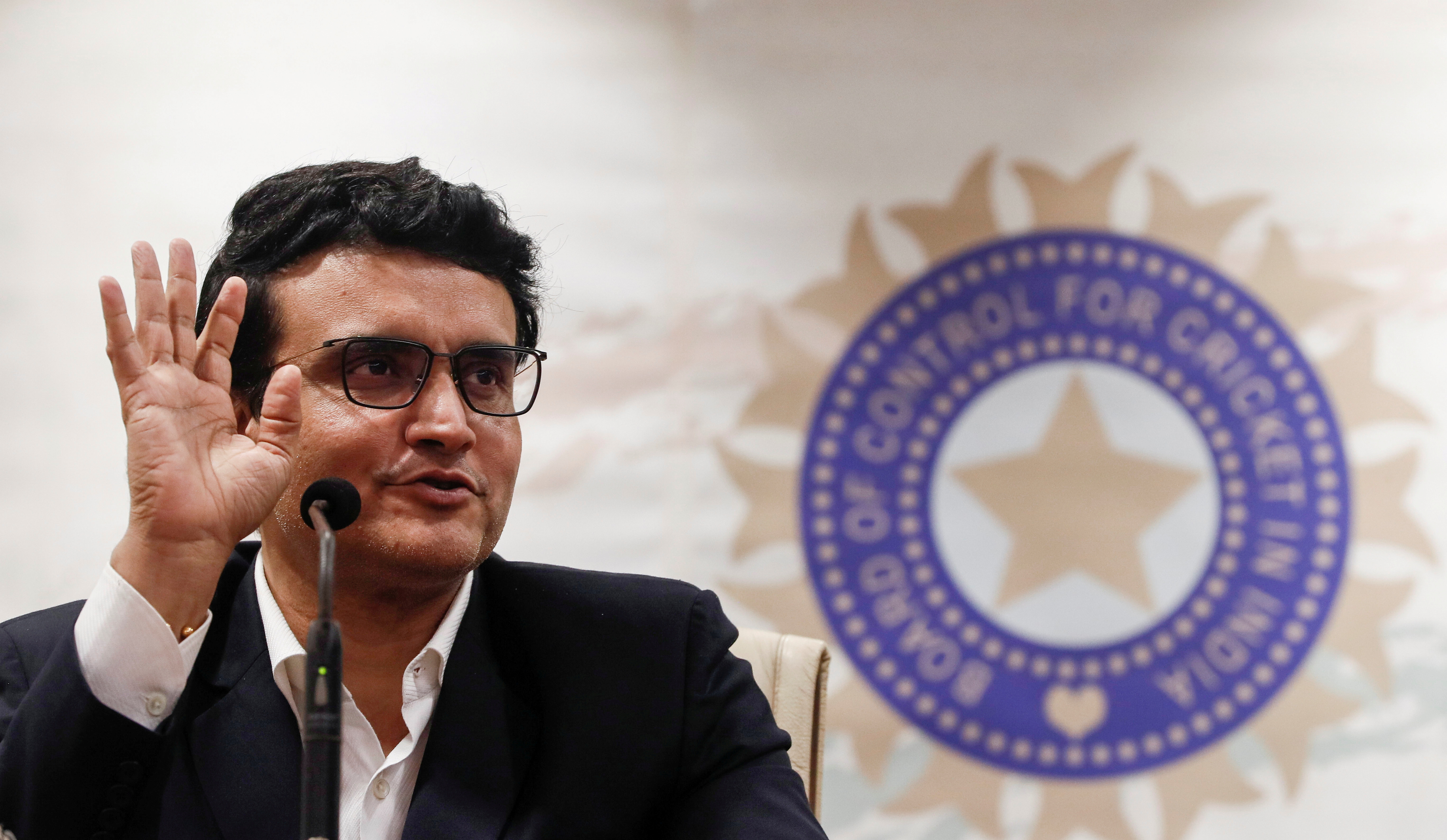 Former Indian cricketer and current BCCI, president Sourav Ganguly reacts during a press conference at the BCCI headquarters in Mumbai