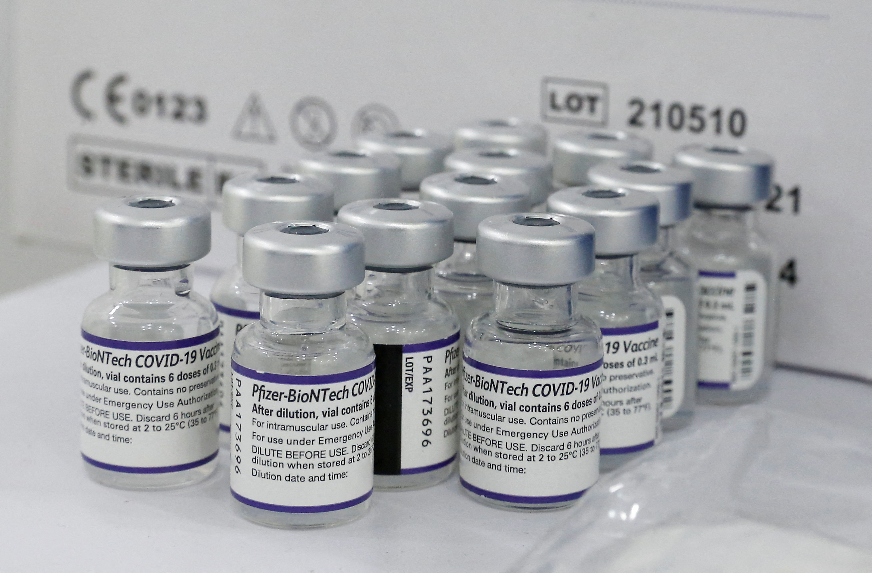 Vials containing the Pfizer/BioNtech vaccine against COVID-19 are displayed at a mobile vaccine clinic, in Valparaiso