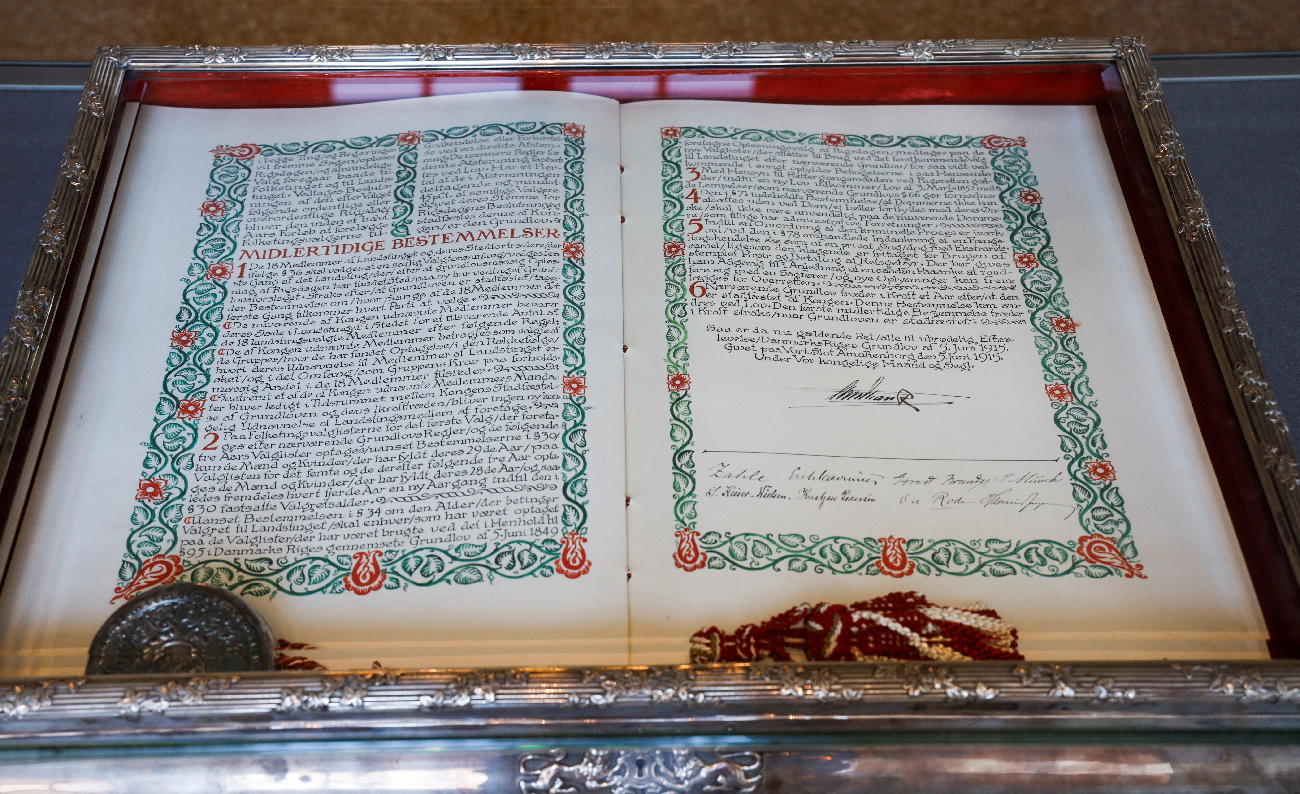 A copy of Denmark's constitutional acts is on display inside the Danish parliament in Copenhagen