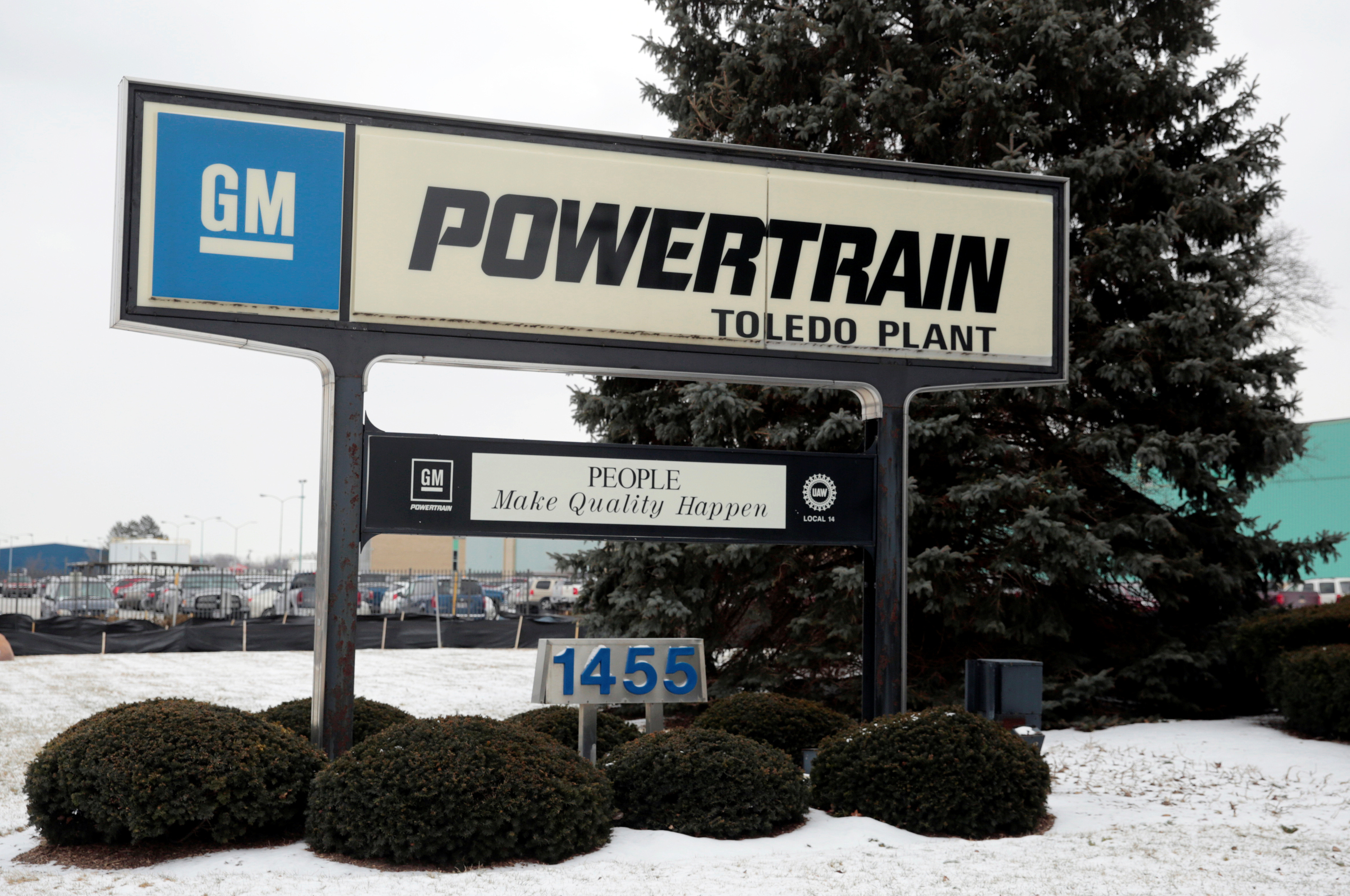 A sign for the General Motors (GM) Powertrain Transmission plant is seen in front of the assembly plant in Toledo Ohio