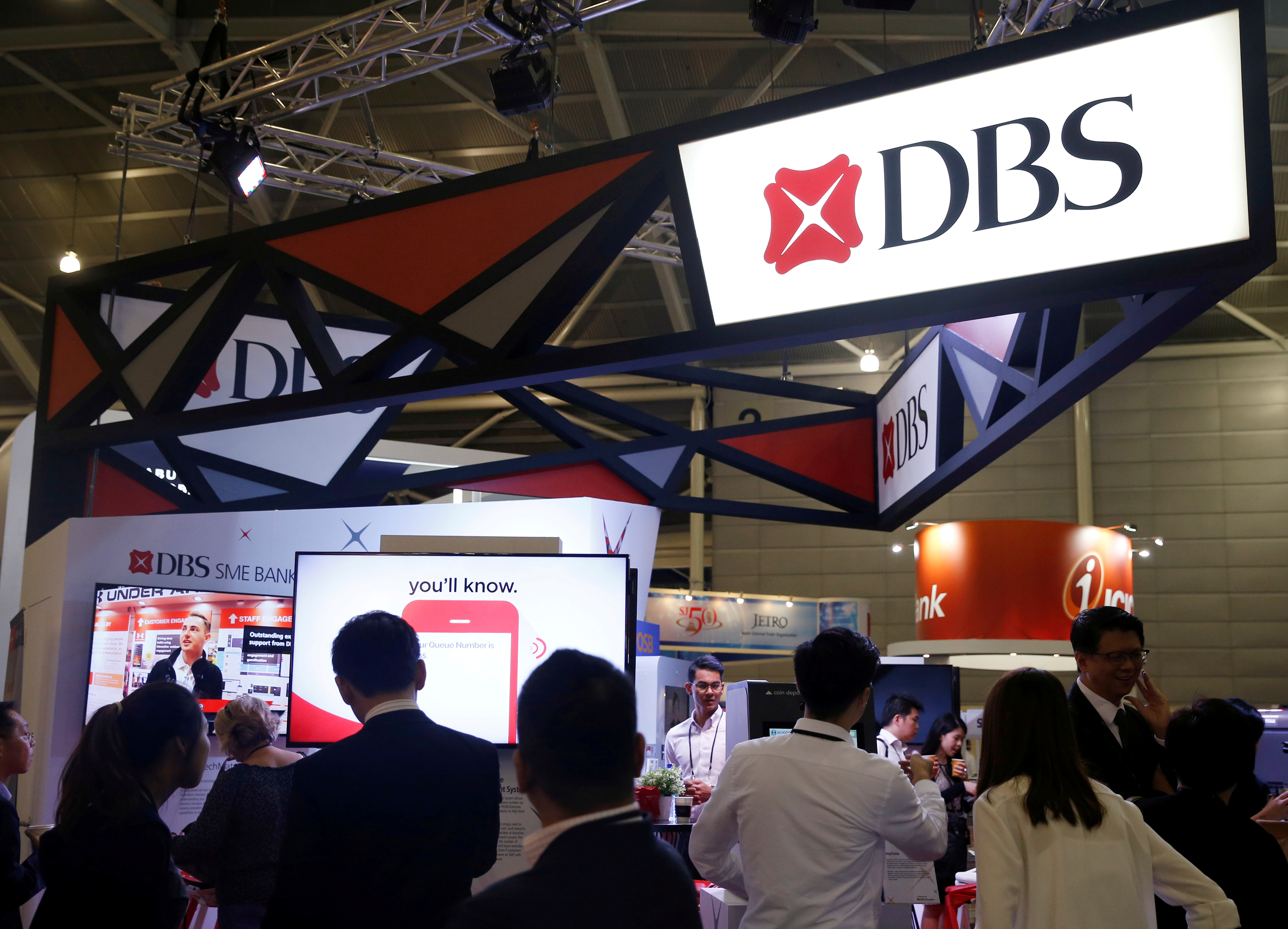 A DBS booth is seen at the Singapore Fintech Festival in Singapore