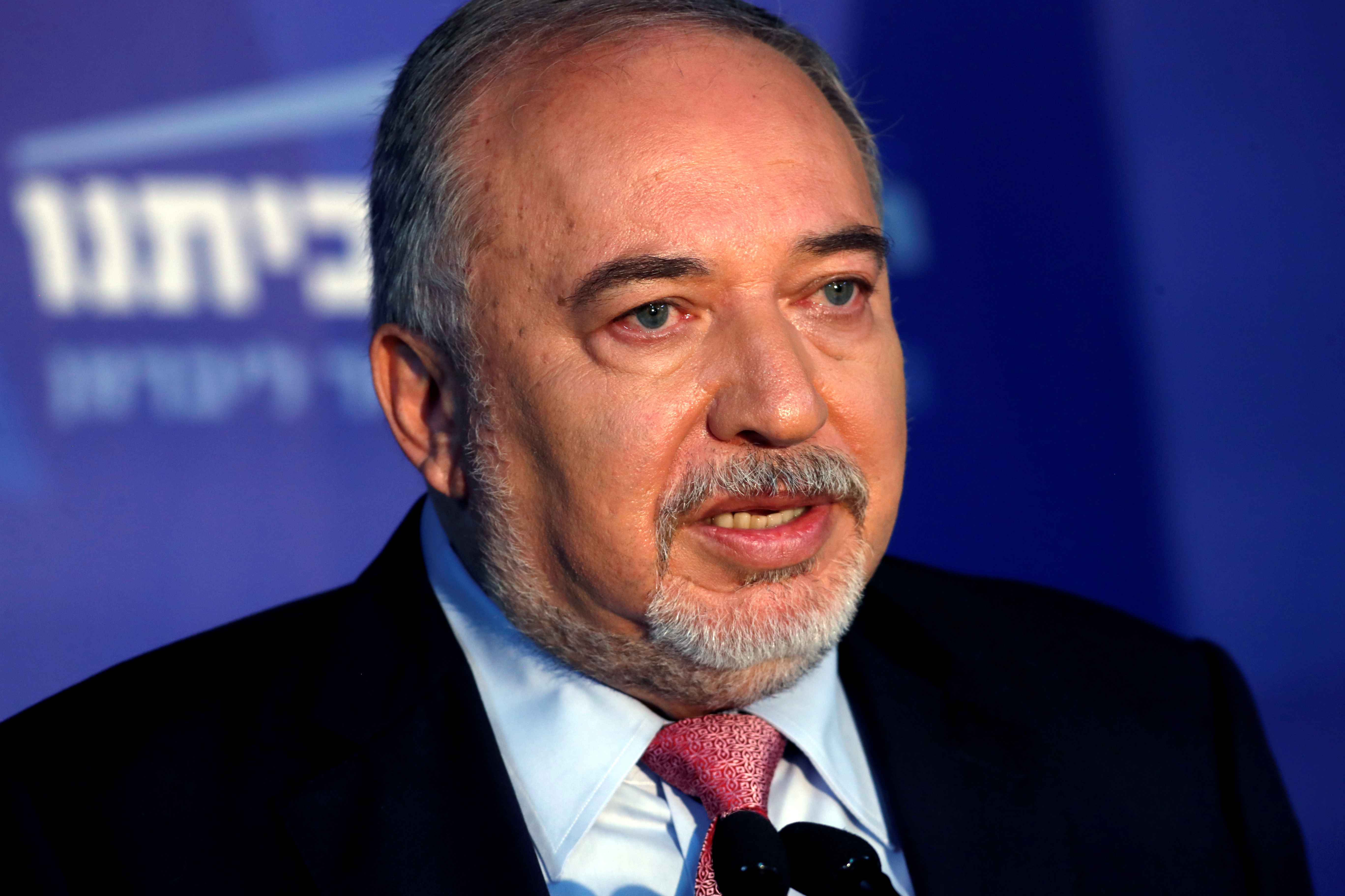 Lieberman, leader of Yisrael Beitenu party, delivers a statement following his party faction meeting, near Neve Ilan