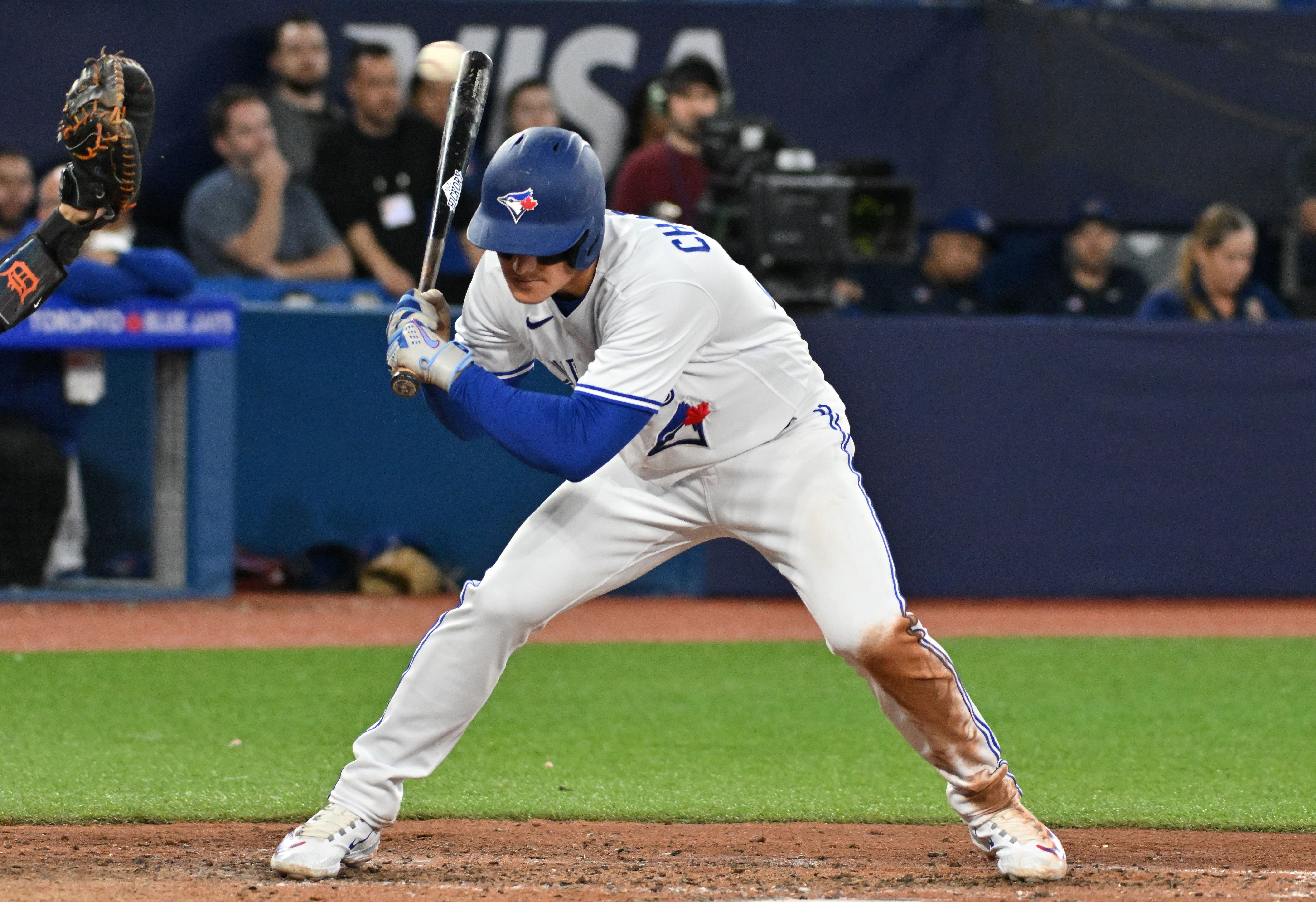 TORONTO, ON - APRIL 12: Toronto Blue Jays Infield Whit Merrifield (15) bats  during the MLB baseball regular season game between the Detroit Tigers and  the Toronto Blue Jays on April 12