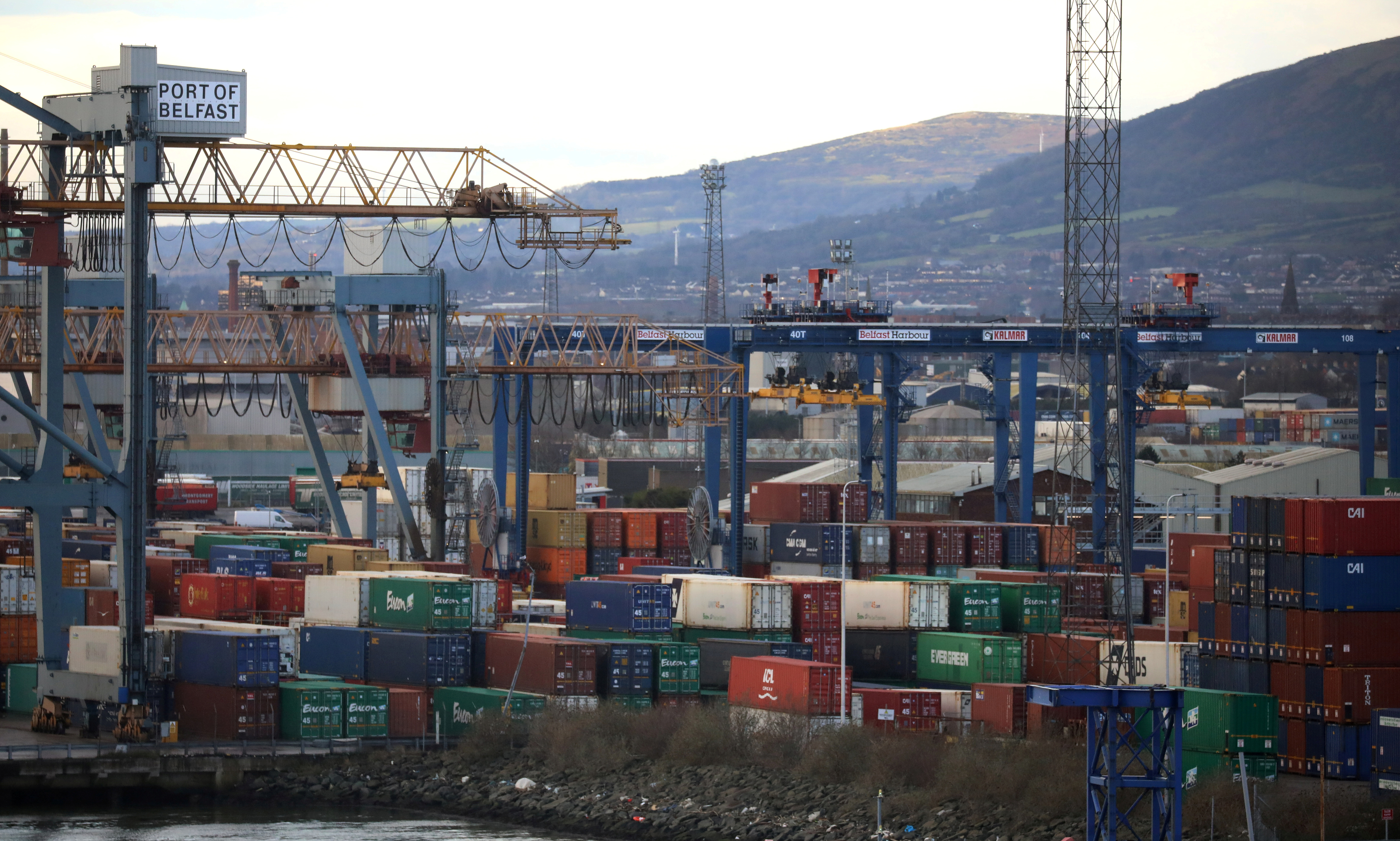 Shipping containers are seen at the Port of Belfast, Northern Ireland January 2, 2021. REUTERS/Phil Noble/File Photo