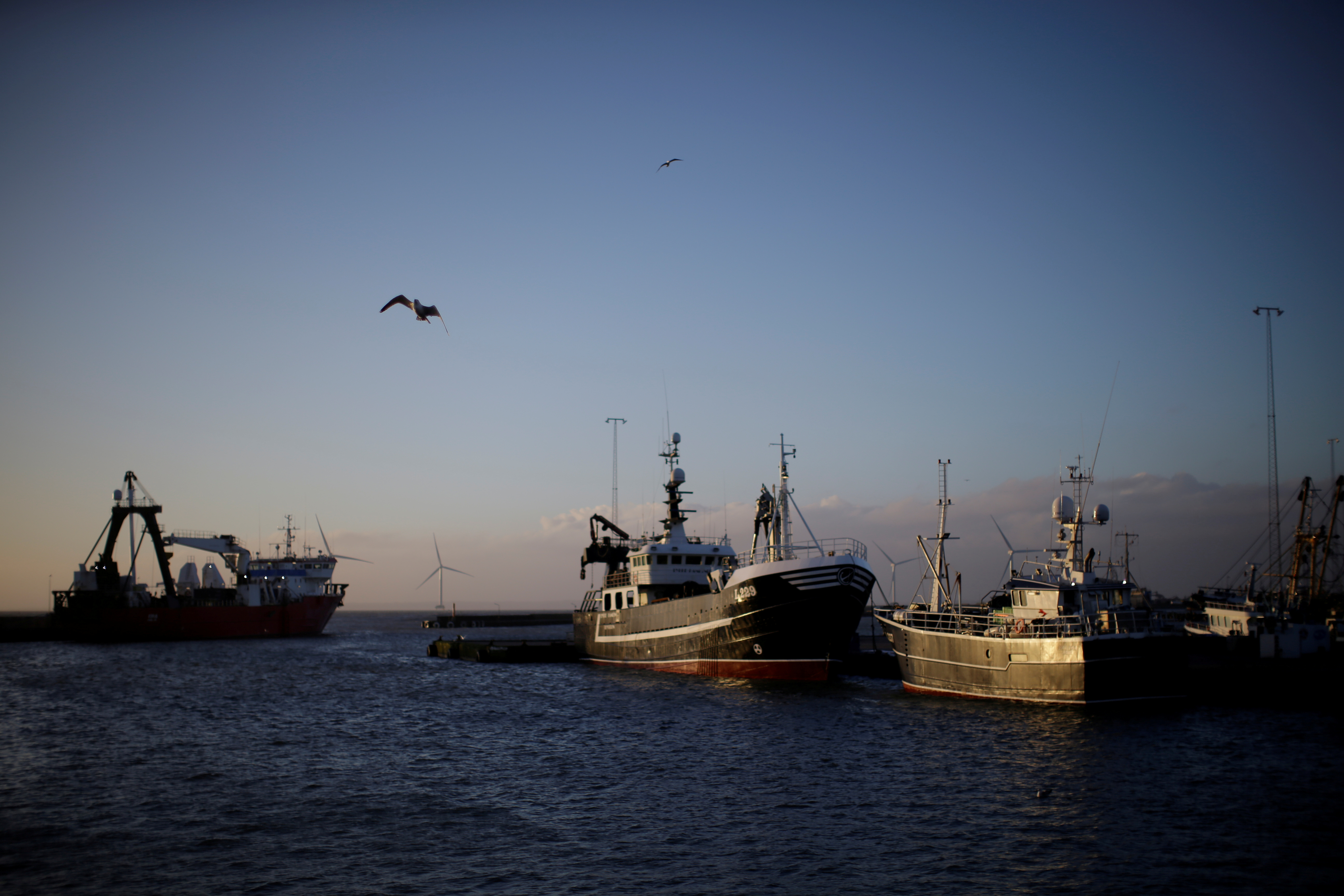 Fishing ships are seen docked at sunrise in the village of Thyboron in Jutland, Denmark