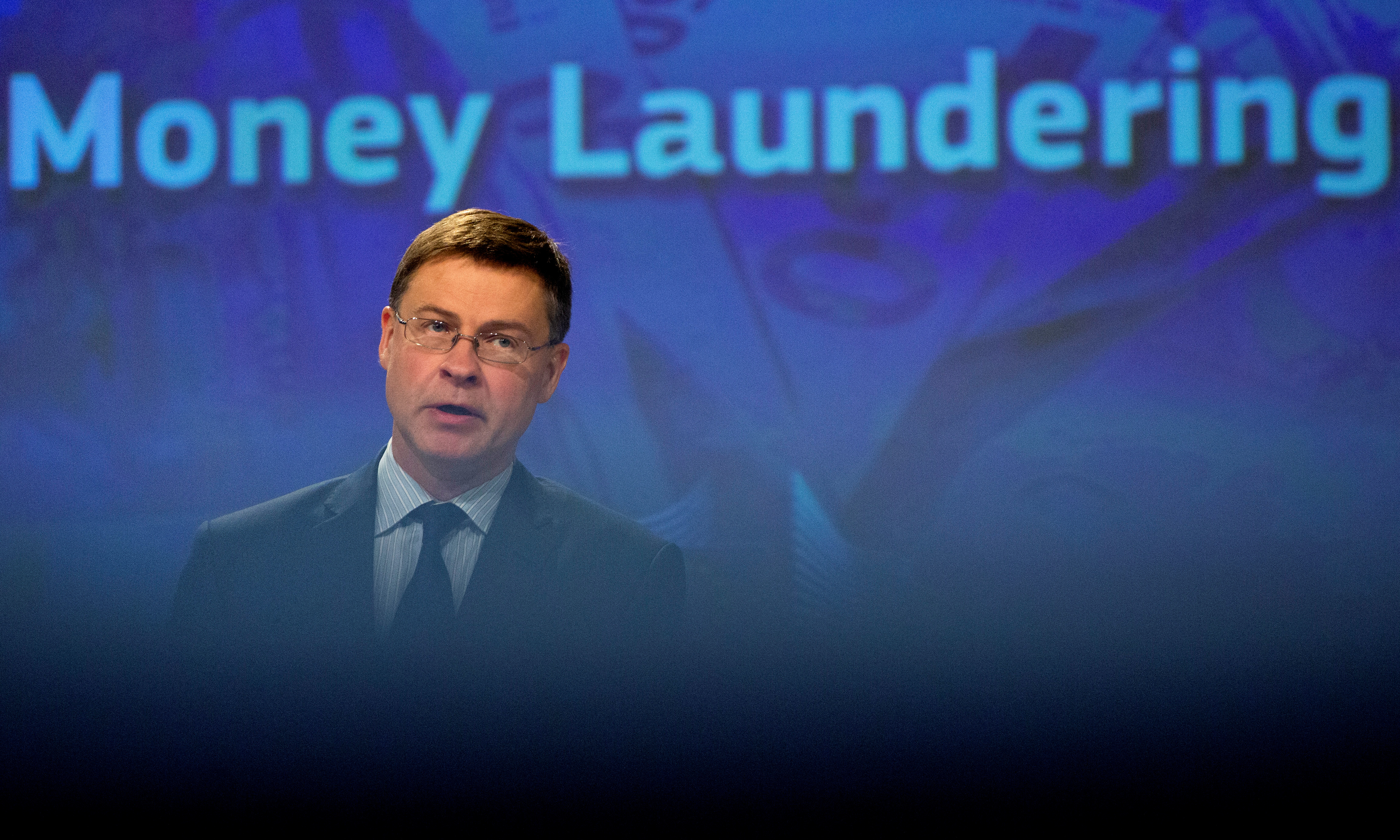 European Commission Vice-President Valdis Dombrovskis speaks during a news conference regarding money laundering, as the spread of the coronavirus disease (COVID-19) continues at the EU headquarters in Brussels