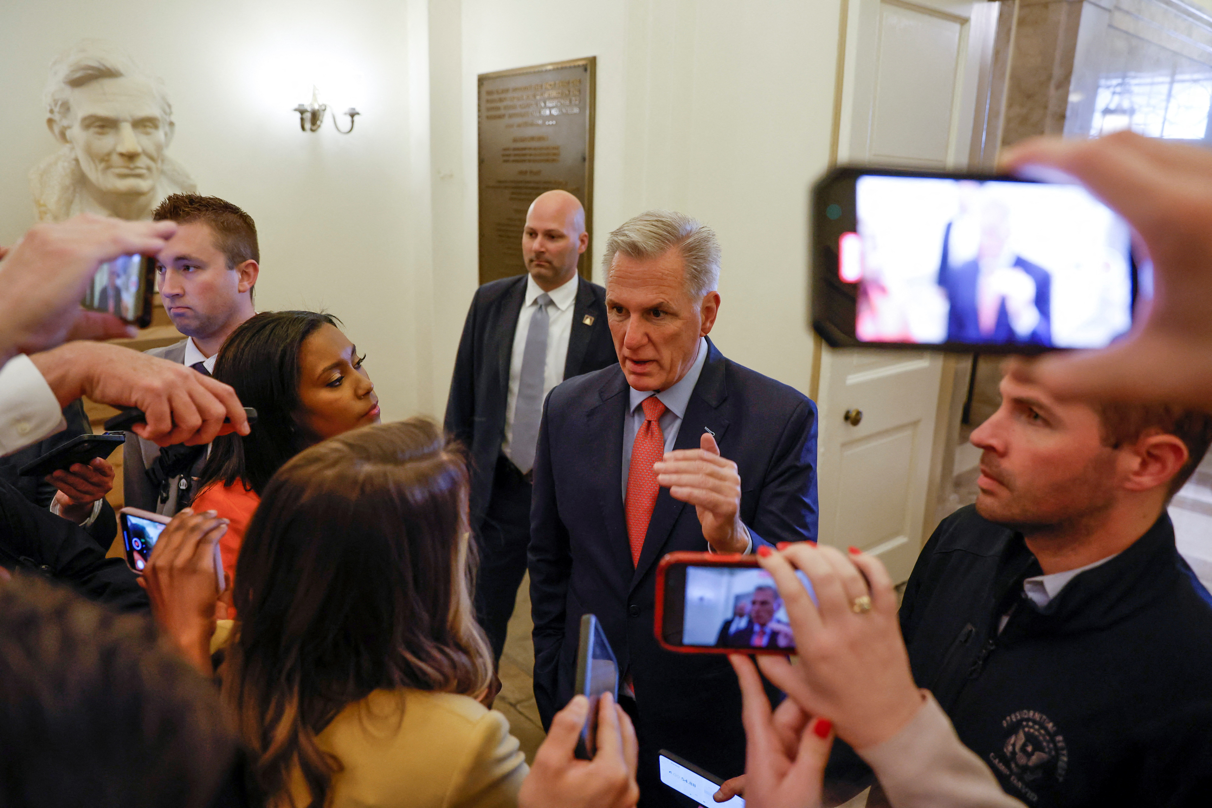 U.S. House Speaker McCarthy speaks with reporters about the United States' debt ceiling at the U.S. Capitol in Washington