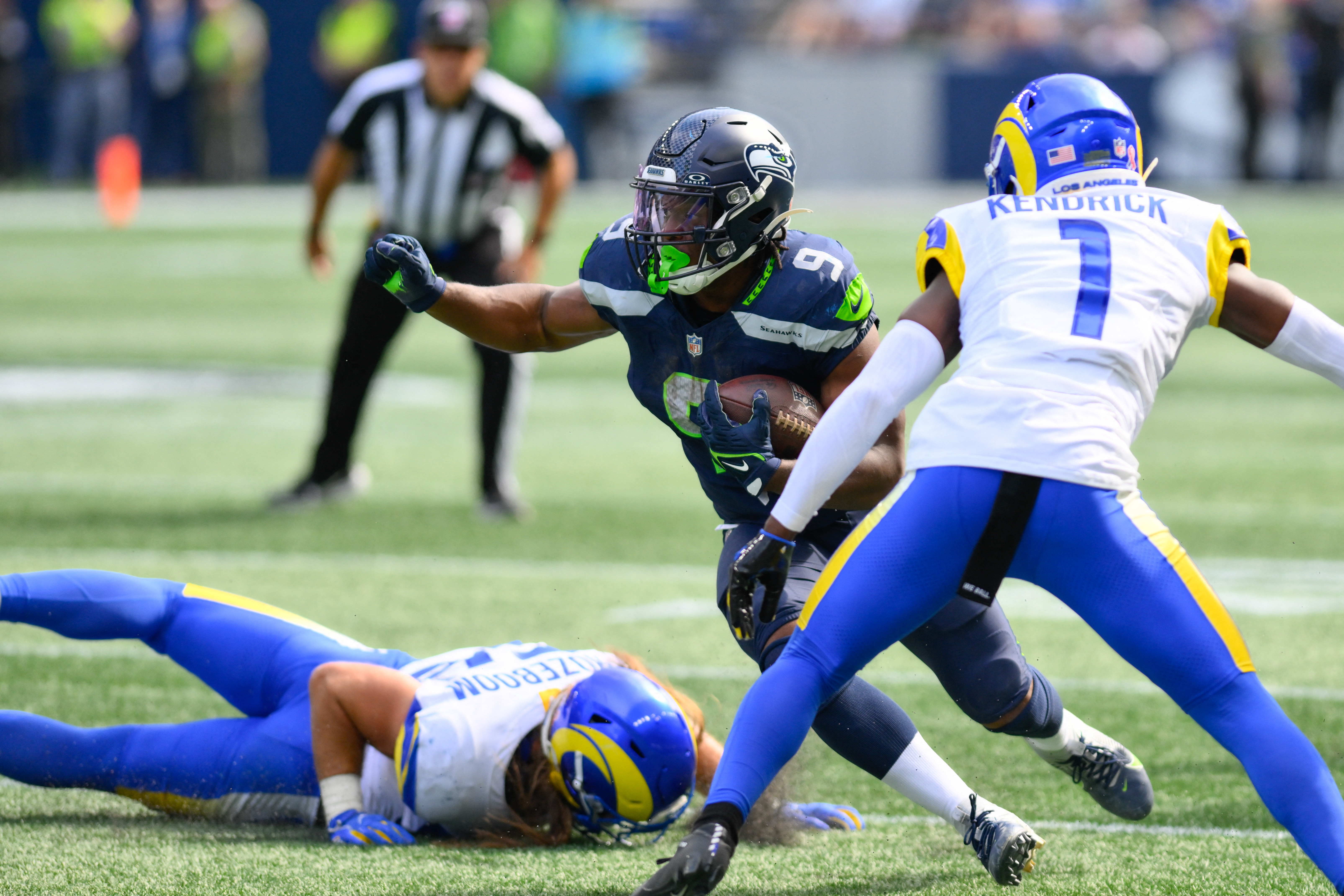 Los Angeles Rams running back Kyren Williams celebrates after scoring  against the Seattle Seahawks during the second half of an NFL football game  Sunday, Sept. 10, 2023, in Seattle. (AP Photo/Stephen Brashear