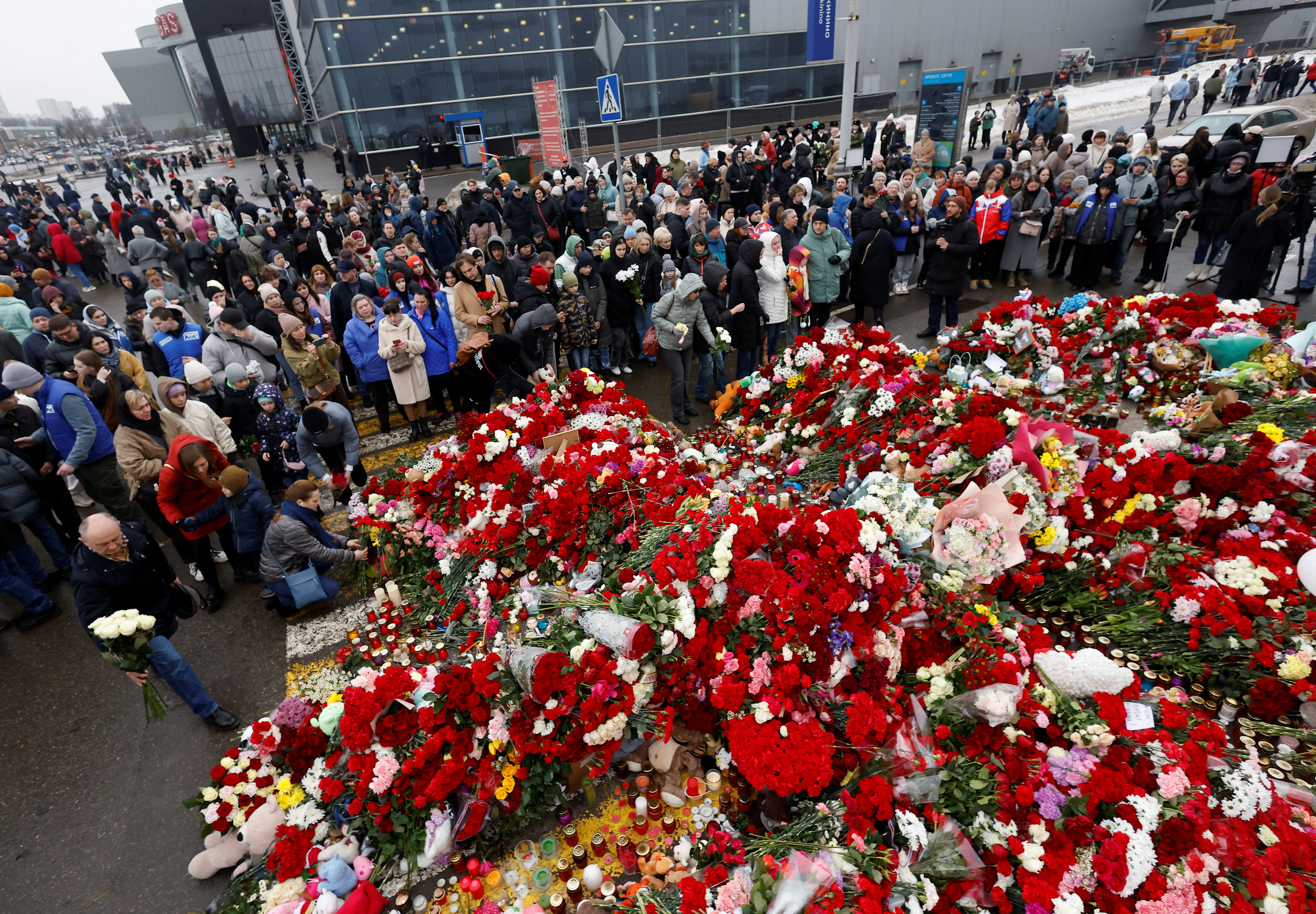 A makeshift memorial to the victims of a shooting attack set up outside the Crocus City Hall concert venue in the Moscow Region