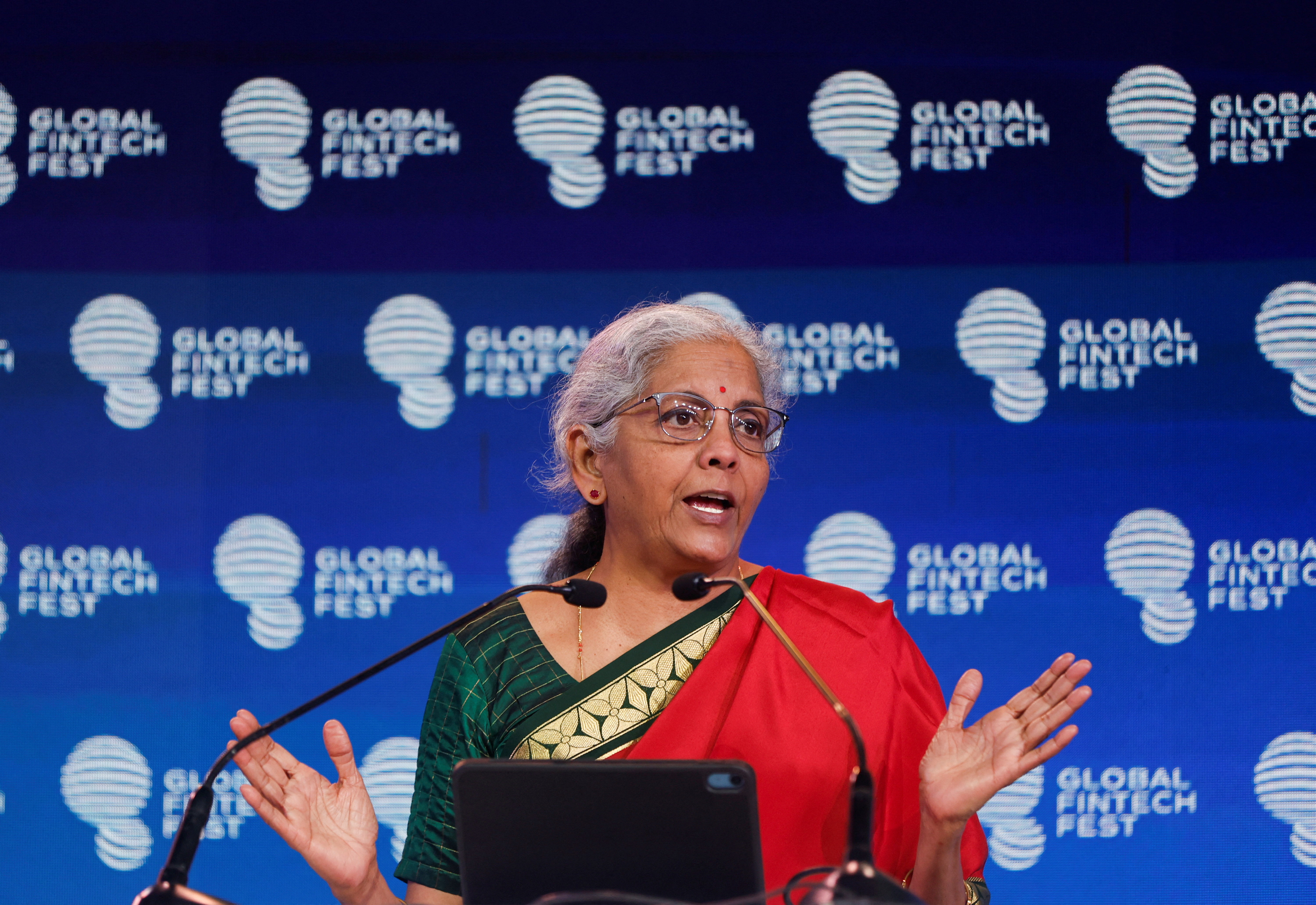 Indian Finance Minister Nirmala Sitharaman speaks at Global Fintech Fest in Mumbai