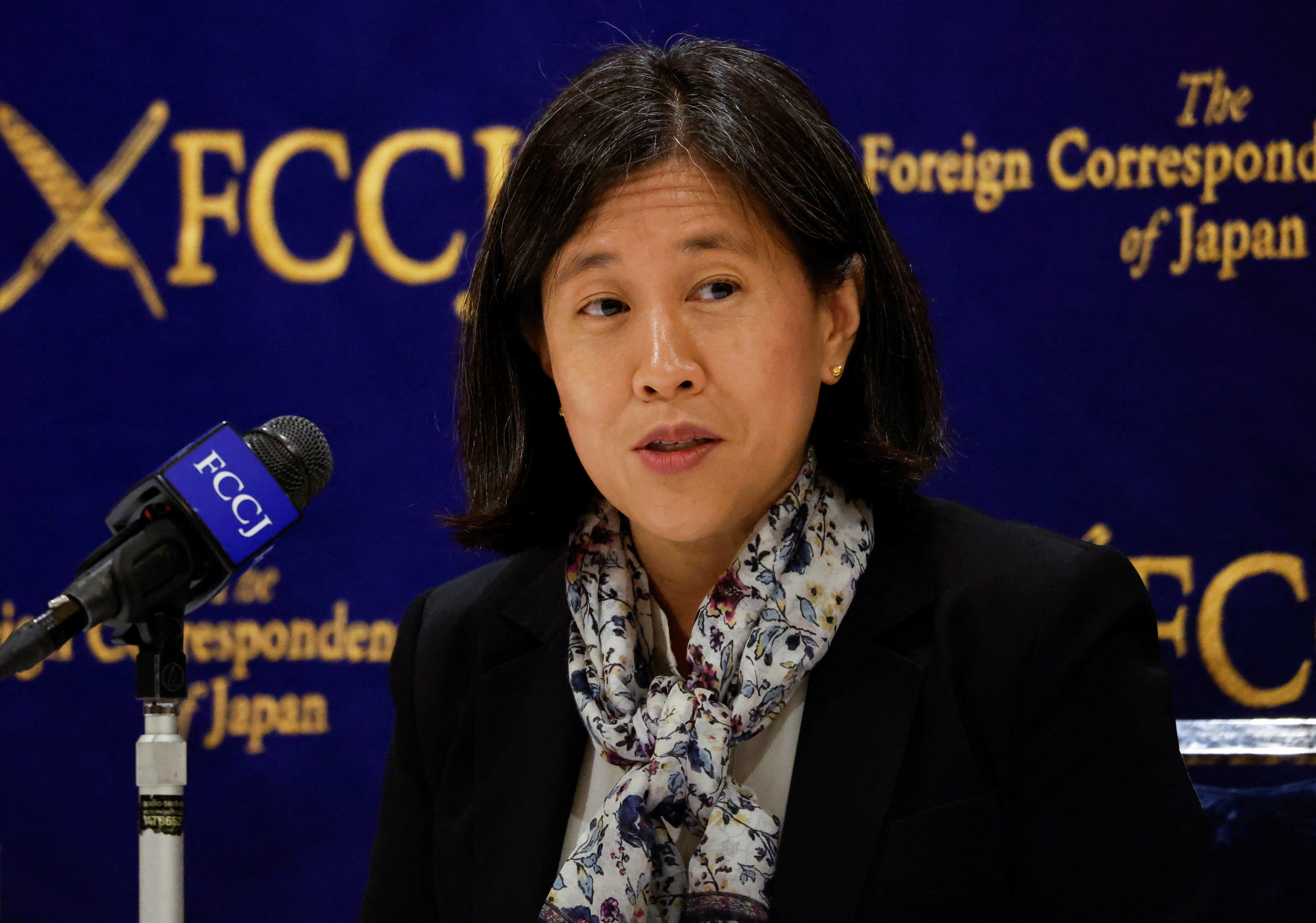 U.S. Trade Representative Katherine Tai attends a news conference at Foreign Correspondents' Club of Japan in Tokyo