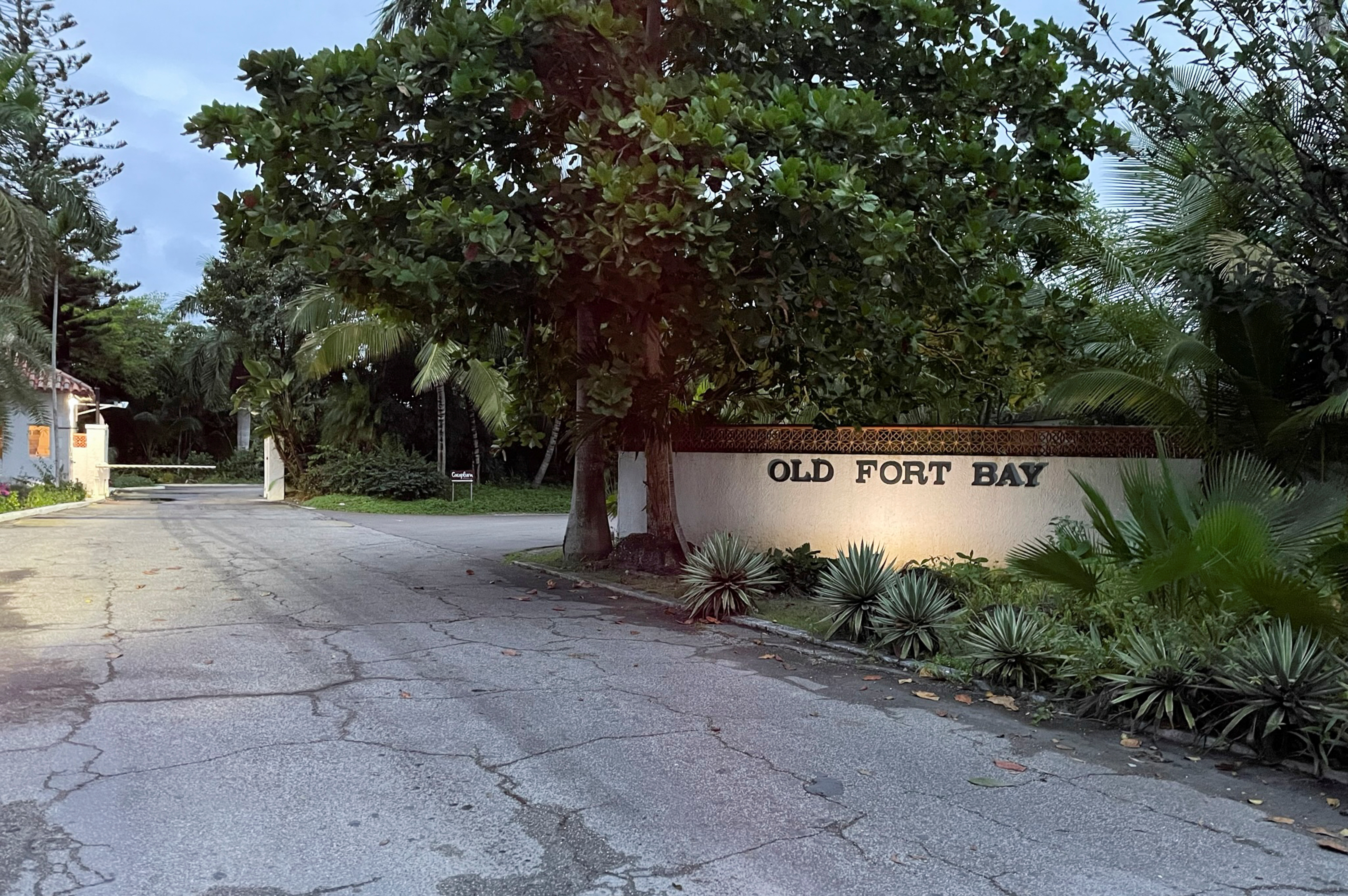 View of the entrance to Old Fort Bay, a gated community, in Bahamas
