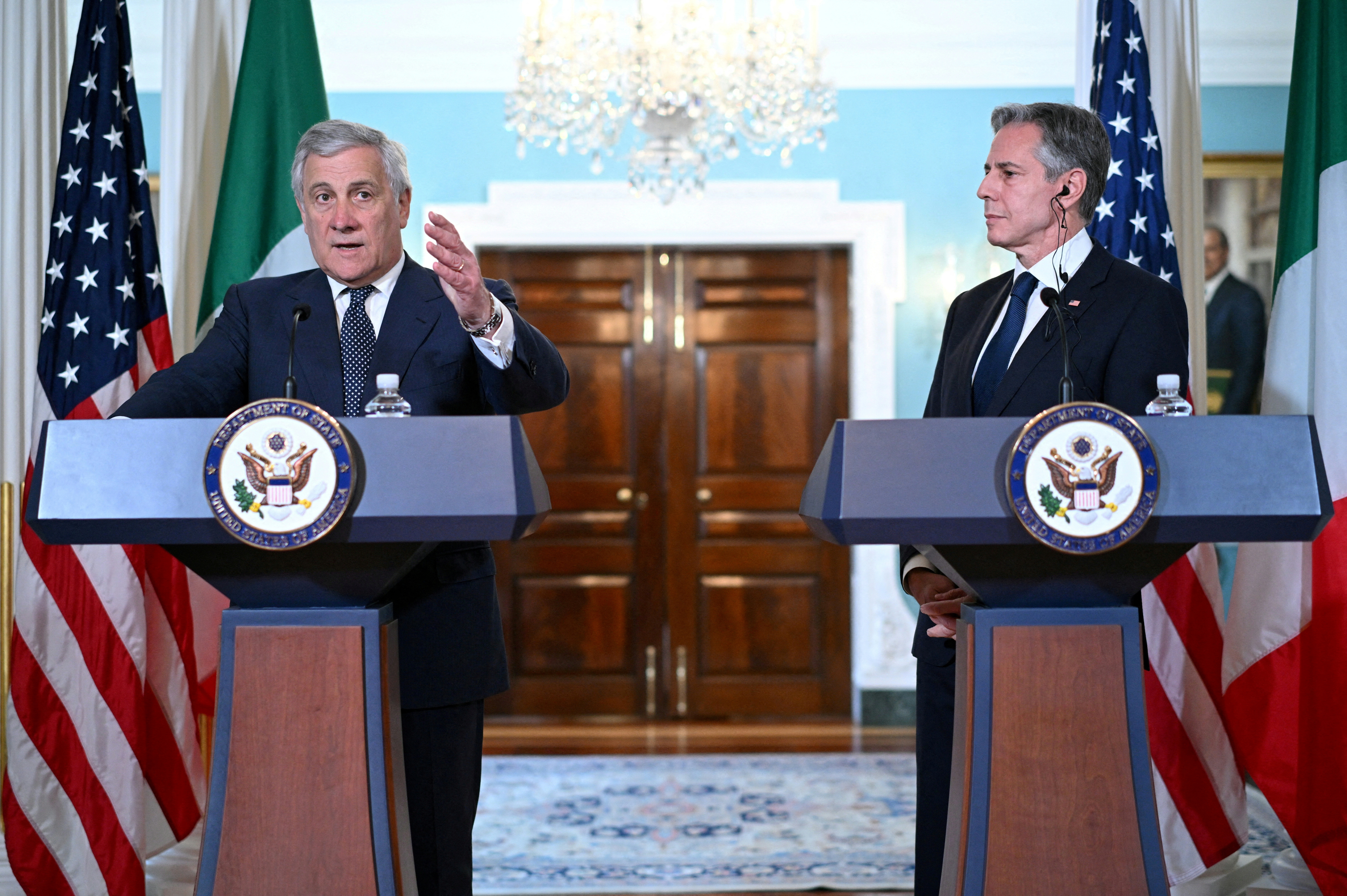 U.S. Secretary of State Antony Blinken and Italian Foreign Minister Antonio Tajani speak to the members of the media in the Treaty Room of the State Department in Washington