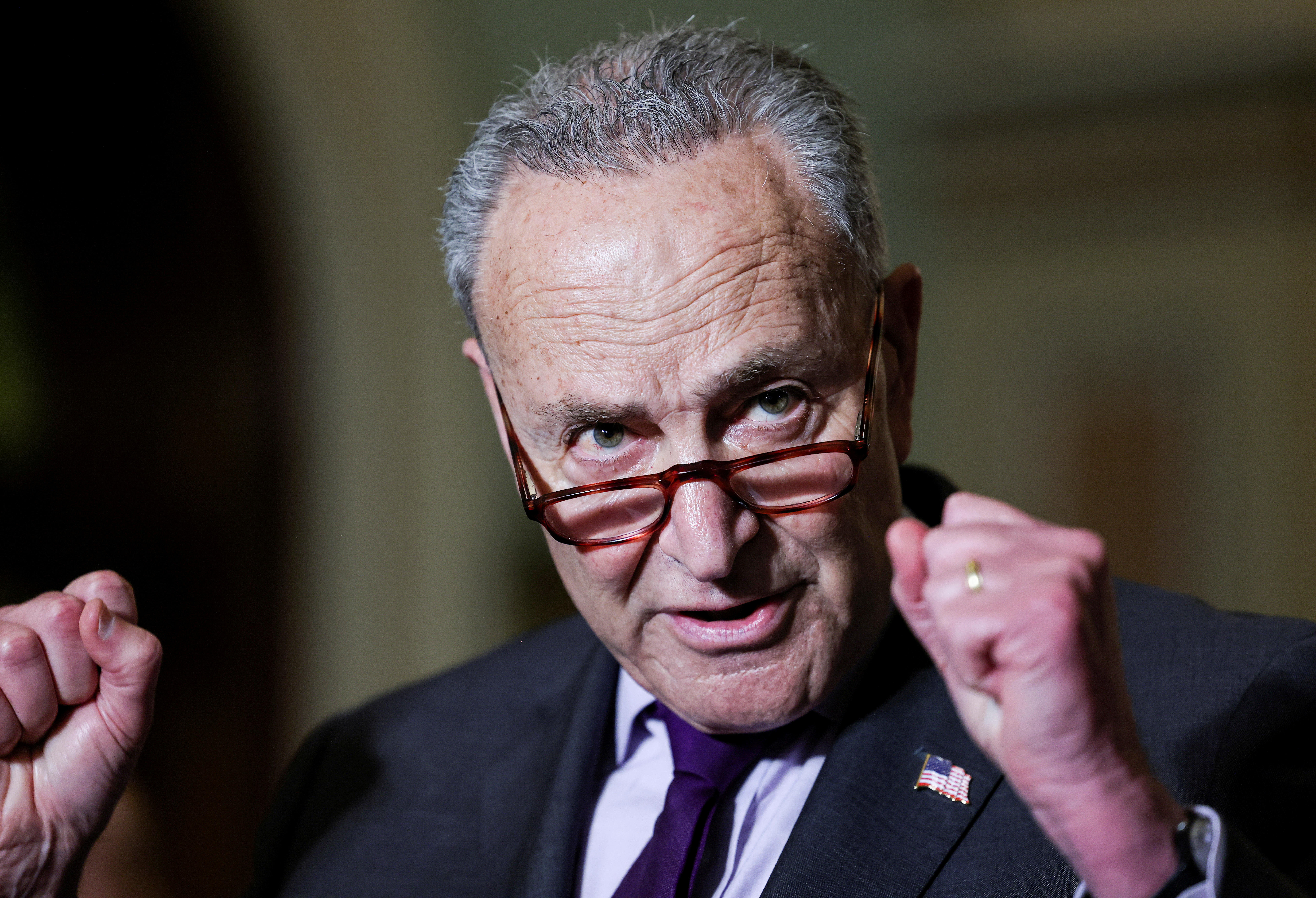 U.S. Senate Majority Leader Chuck Schumer (D-NY) talks to reporters following the Senate Democrats weekly policy lunch at the U.S. Capitol in Washington, U.S., June 15, 2021. REUTERS/Evelyn Hockstein/File Photo