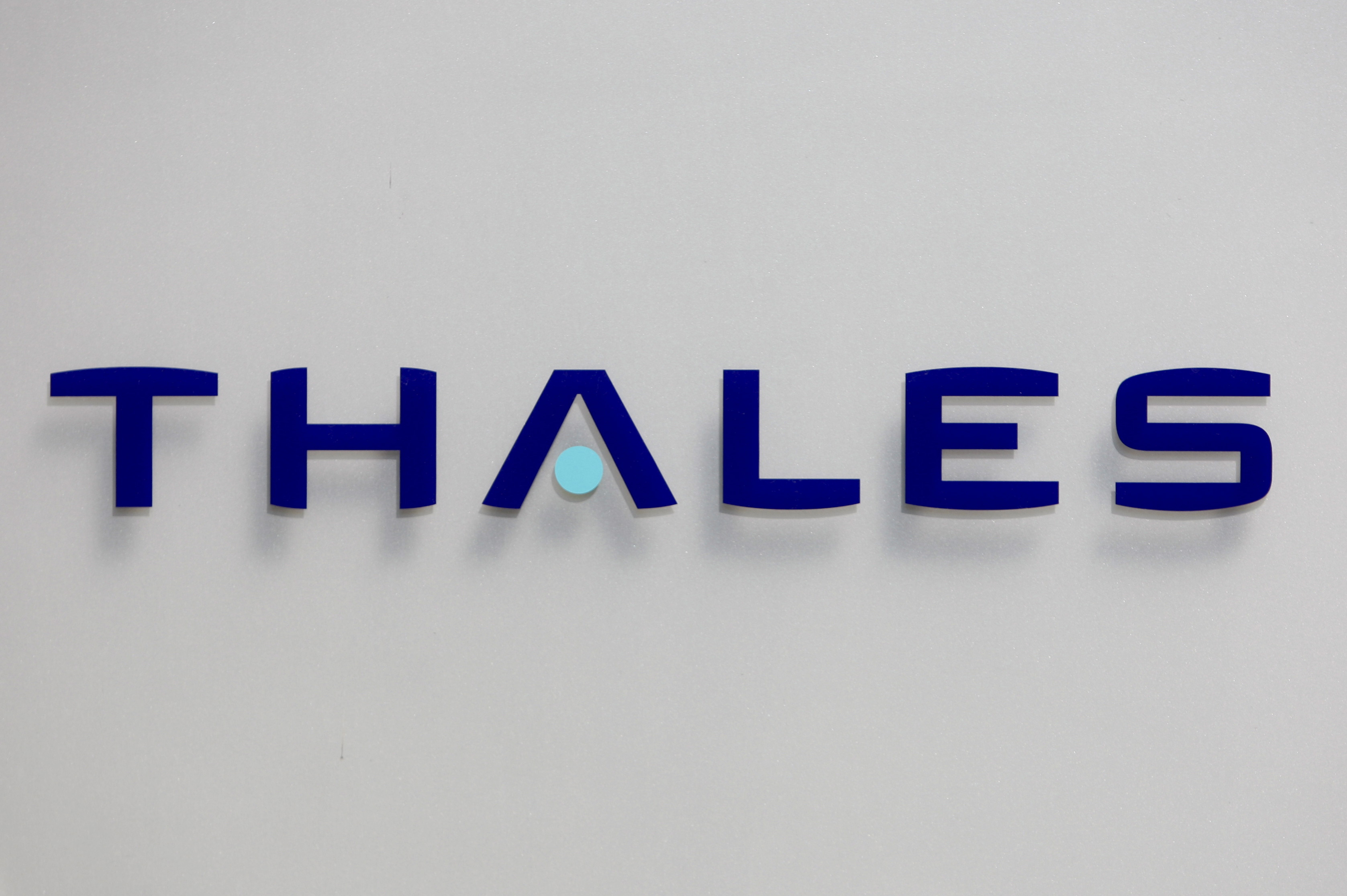 The logo of French defence and electronics group Thales is seen at the company's headquarters in Neuilly