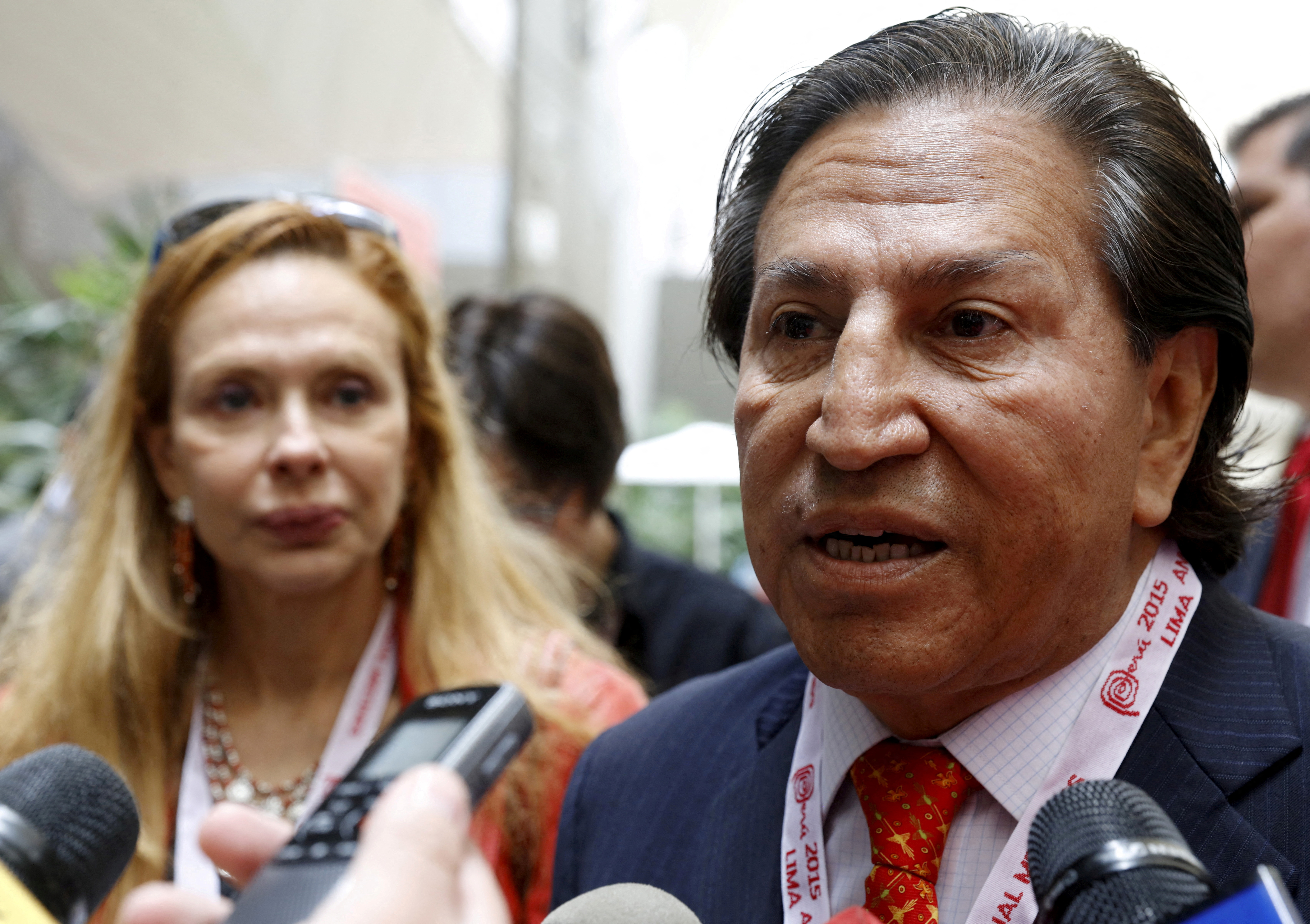 Former Peruvian President Alejandro Toledo and his wife Eliane Karp arrives to the 2015 IMF/World Bank Annual Meetings in Lima