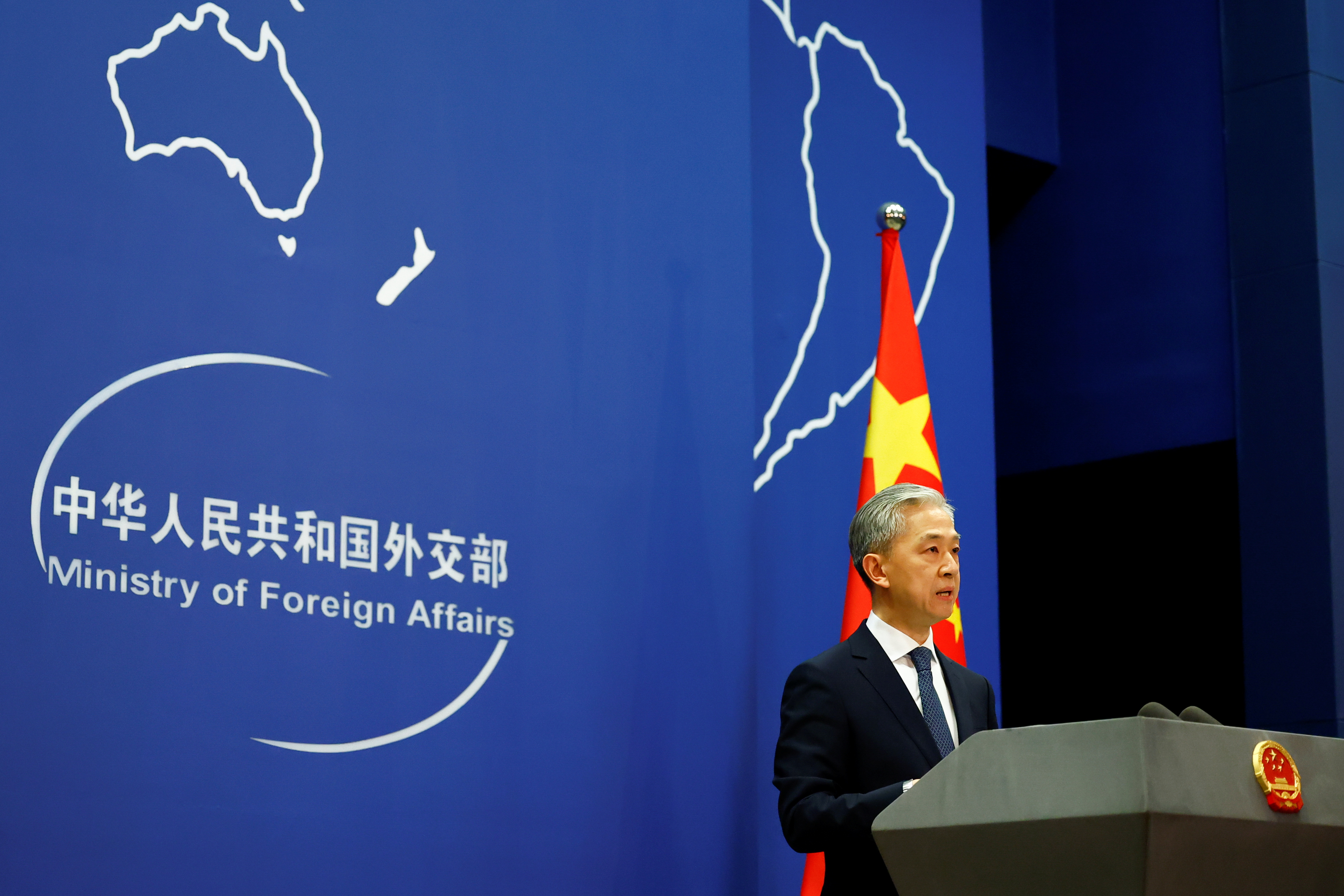 Chinese Foreign Ministry spokesperson Wang Wenbin speaks during a news conference in Beijing