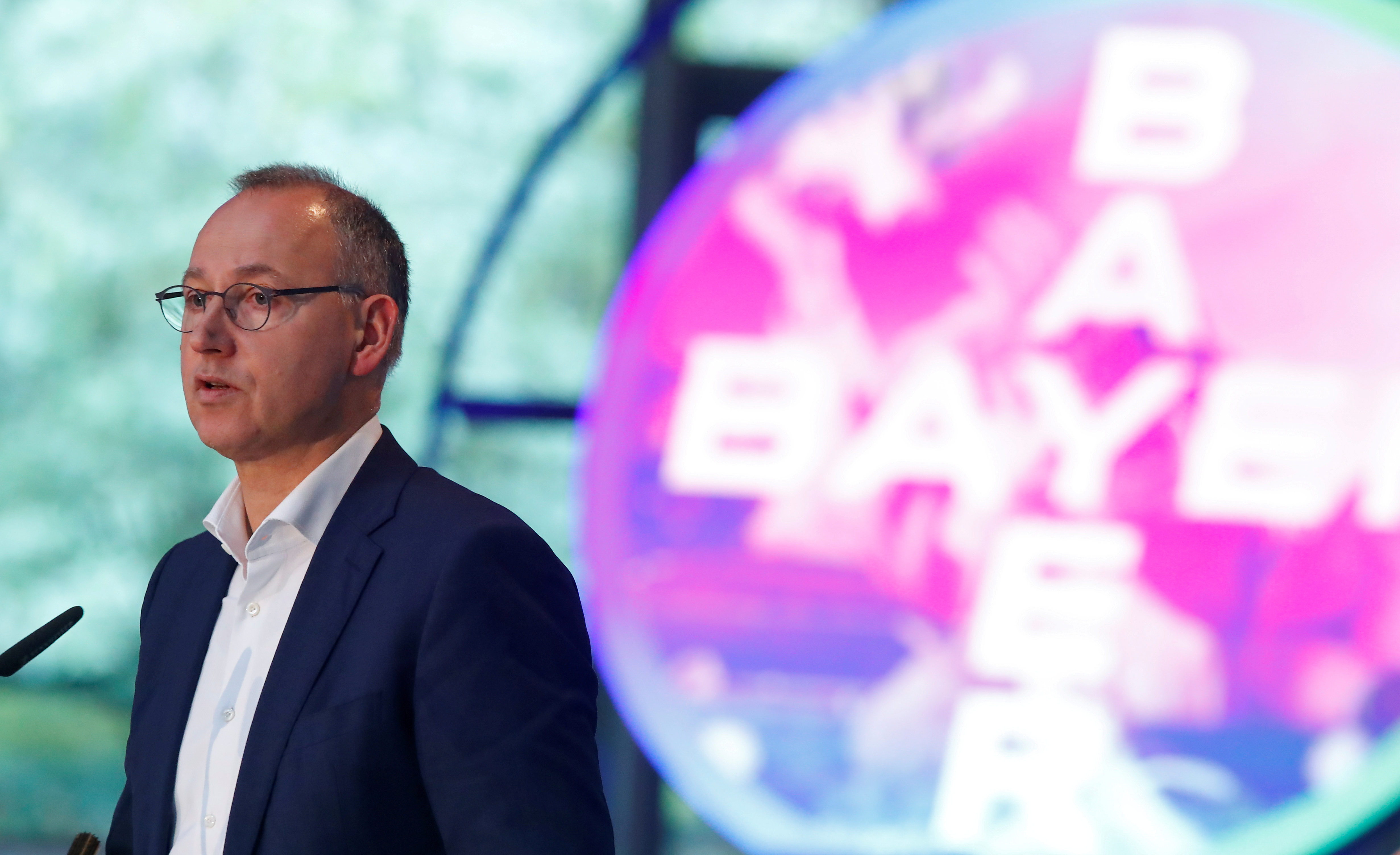 Bayer CEO Werner Baumann addresses the company's annual results news conference