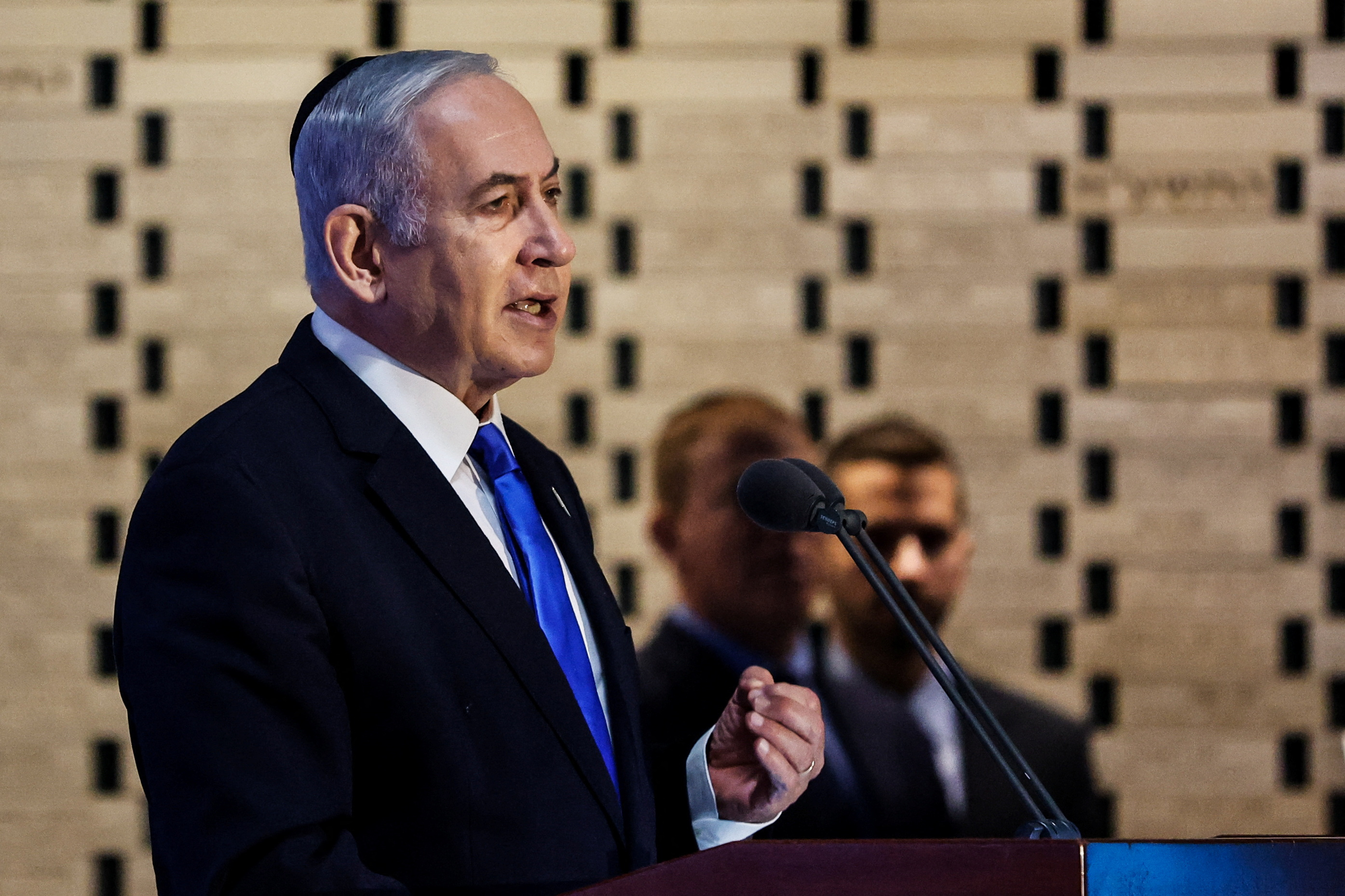 Israeli Prime Minister Benjamin Netanyahu speaks at a memorial ceremony for Israeli soldiers killed in the 1973 Middle East War at Mount Herzl Military Cemetery in Jerusalem