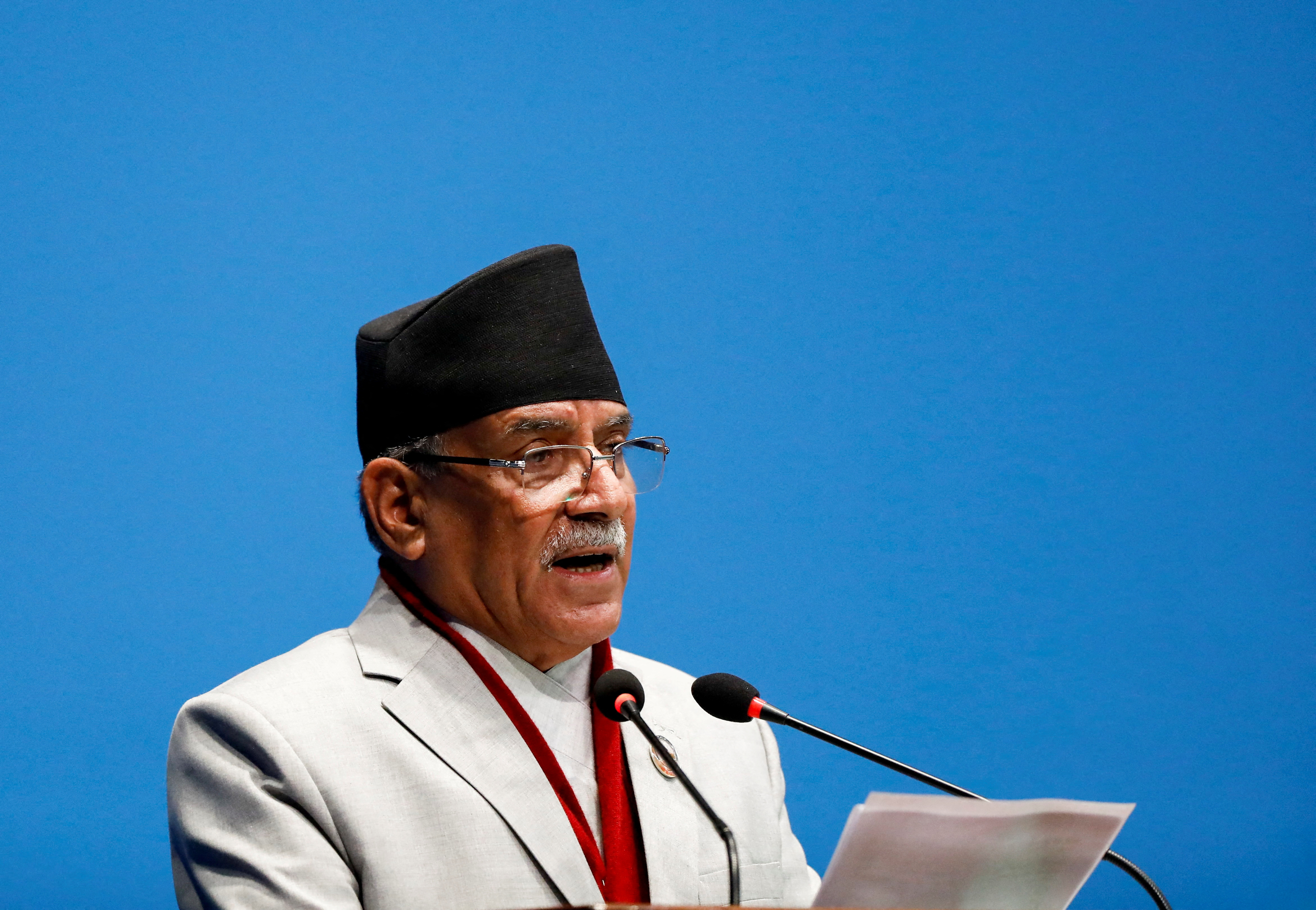 Nepal's Prime Minister Pushpa Kamal Dahal addresses parliament