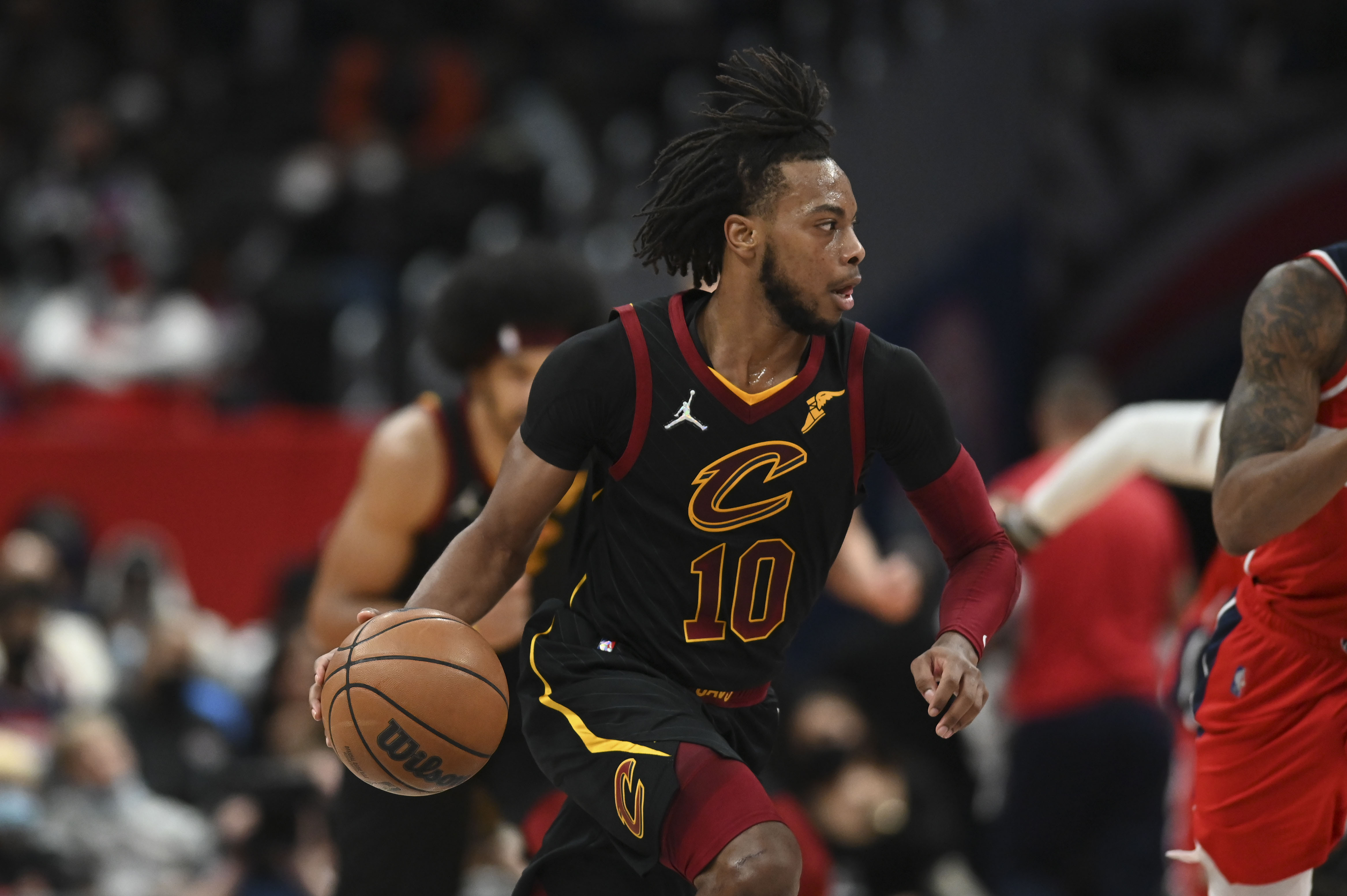 Dec 3, 2021; Washington, District of Columbia, USA; Cleveland Cavaliers guard Darius Garland (10) dribbles up the court during the first half against the Washington Wizards  at Capital One Arena. / Tommy Gilligan-USA TODAY Sports