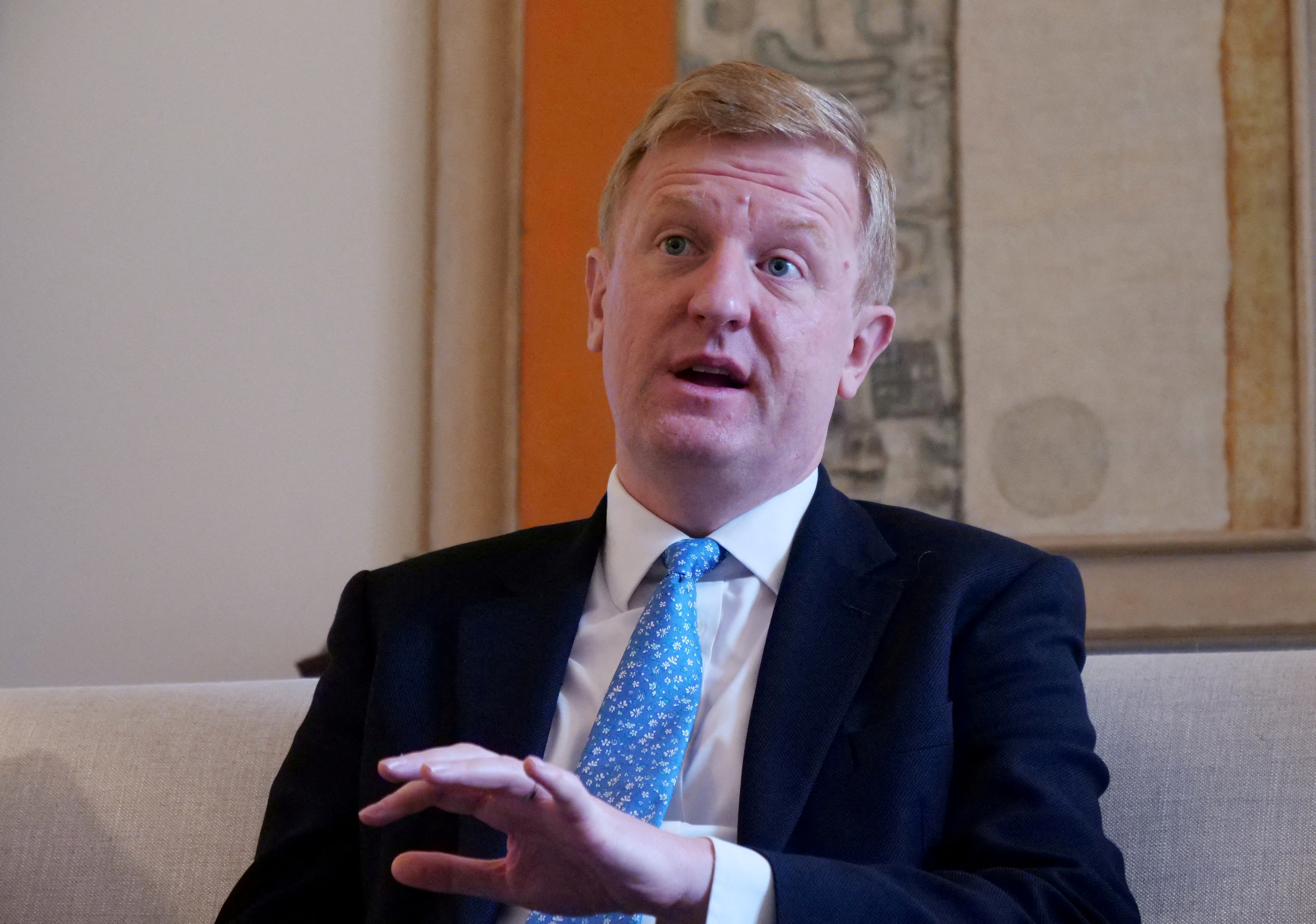 British Deputy Prime Minister Oliver Dowden speaks during an interview with Reuters, in Seoul