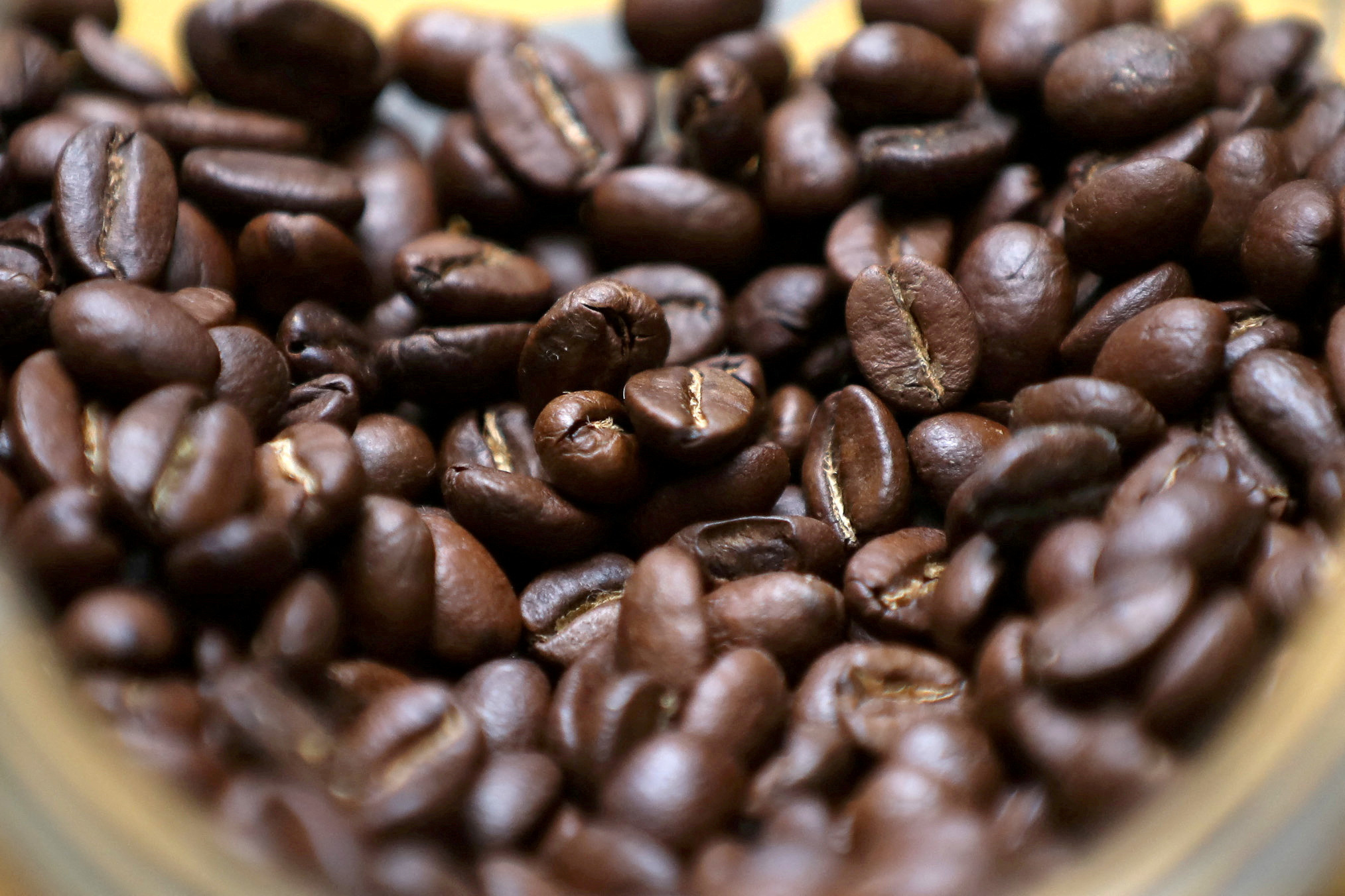 Roasted coffee beans are seen on display at a Juan Valdez store in Bogota