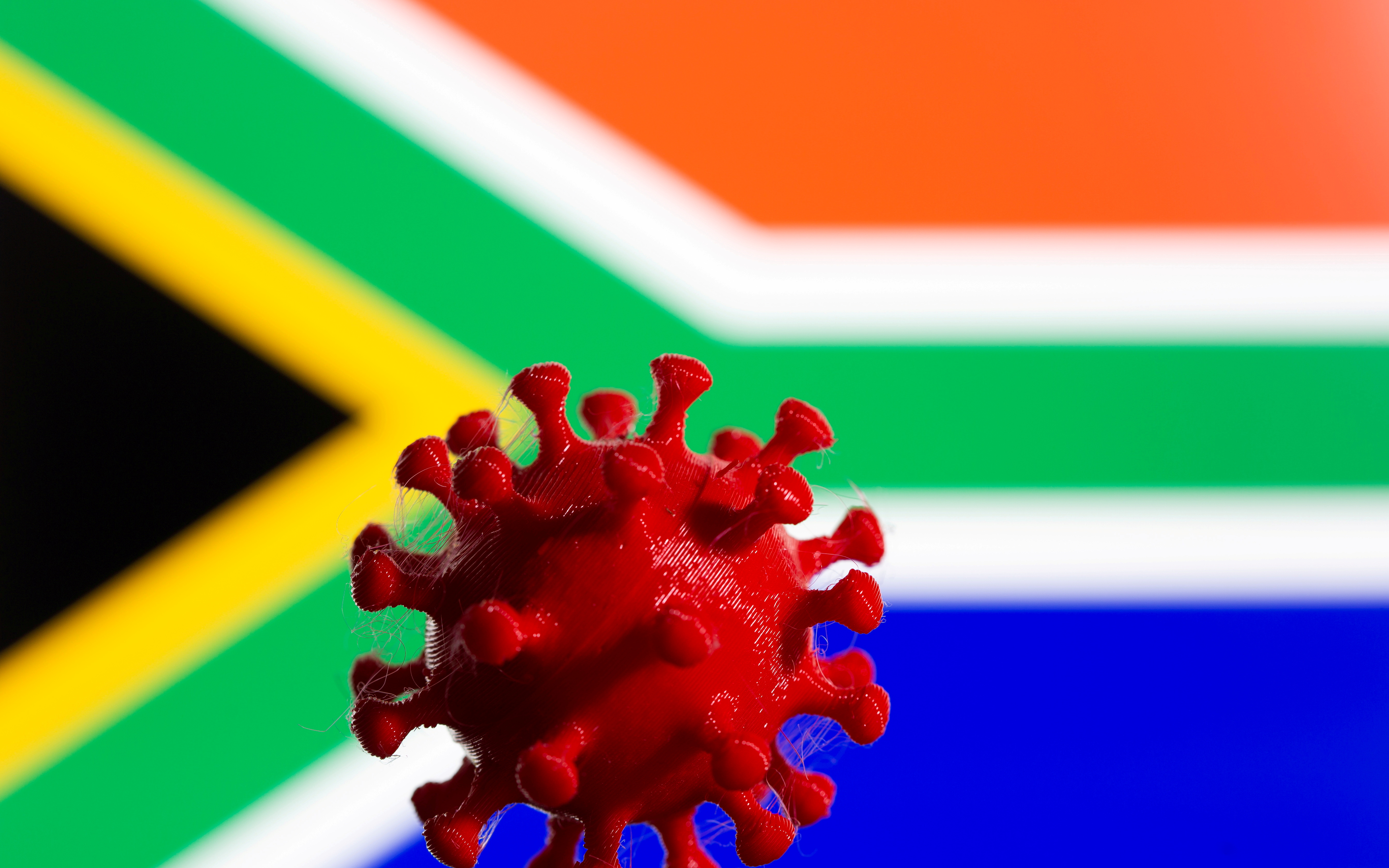3D-printed coronavirus model is seen in front of displayed South Africa flag in this illustration taken, February 9, 2021. REUTERS/Dado Ruvic/Illustration/