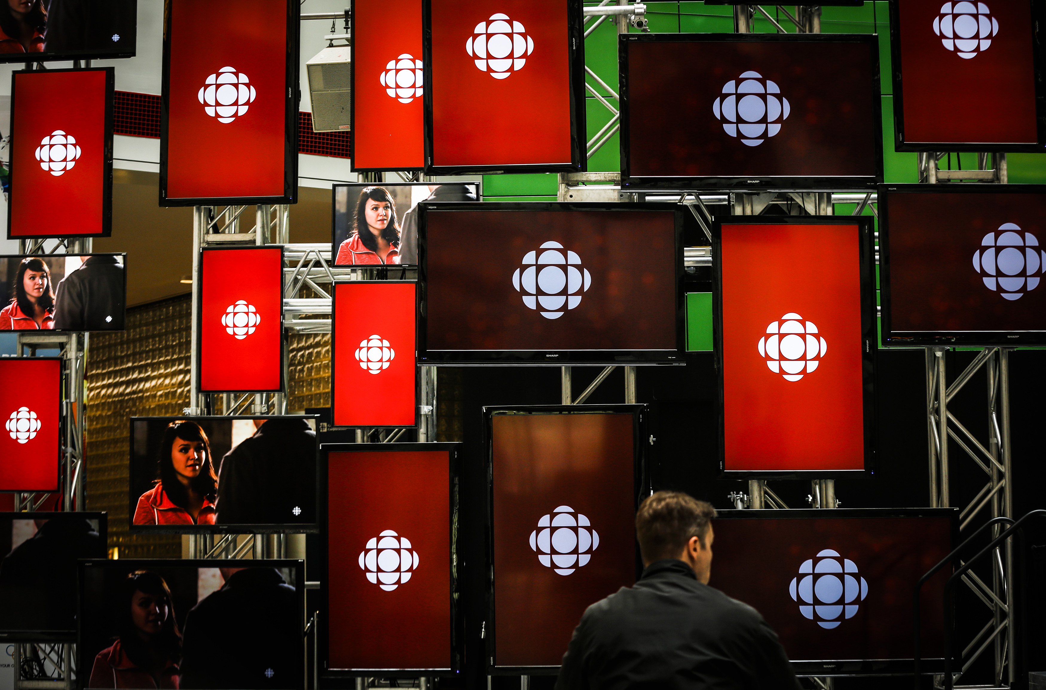 A man sits inside the Canadian Broadcast Corporation broadcasting centre in Toronto