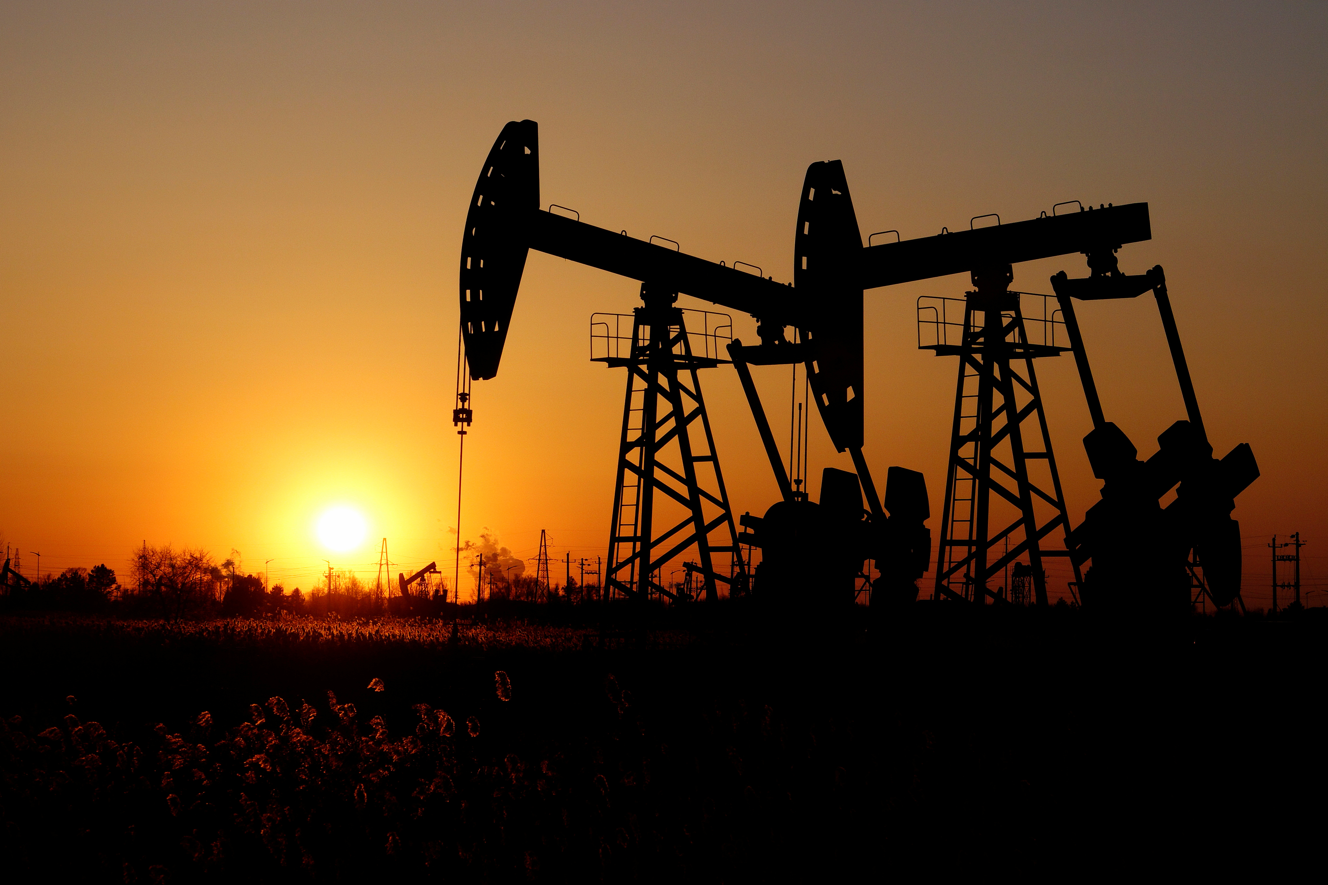 Pumpjacks are seen against the setting sun at the Daqing oil field in Heilongjiang