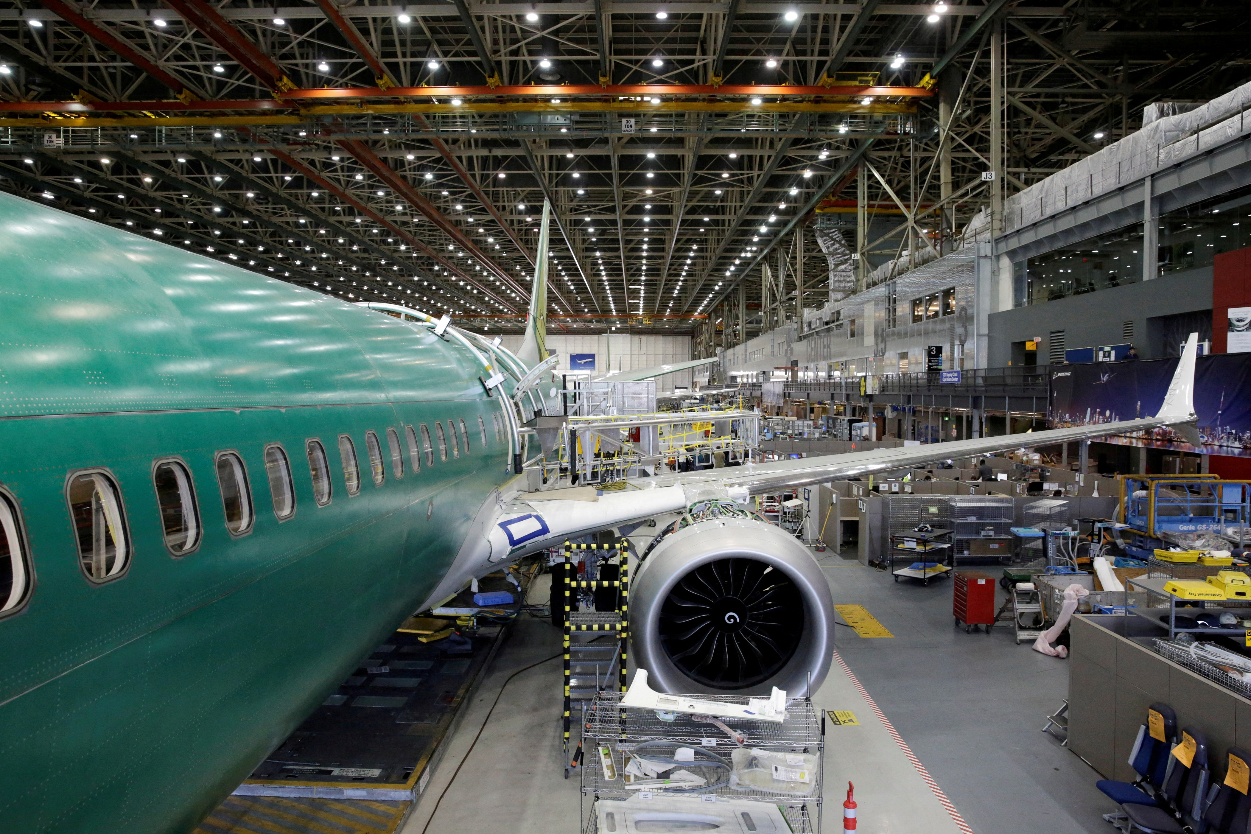 Boeing's new 737 MAX-9 is pictured under construction at their production facility in Renton, Washington