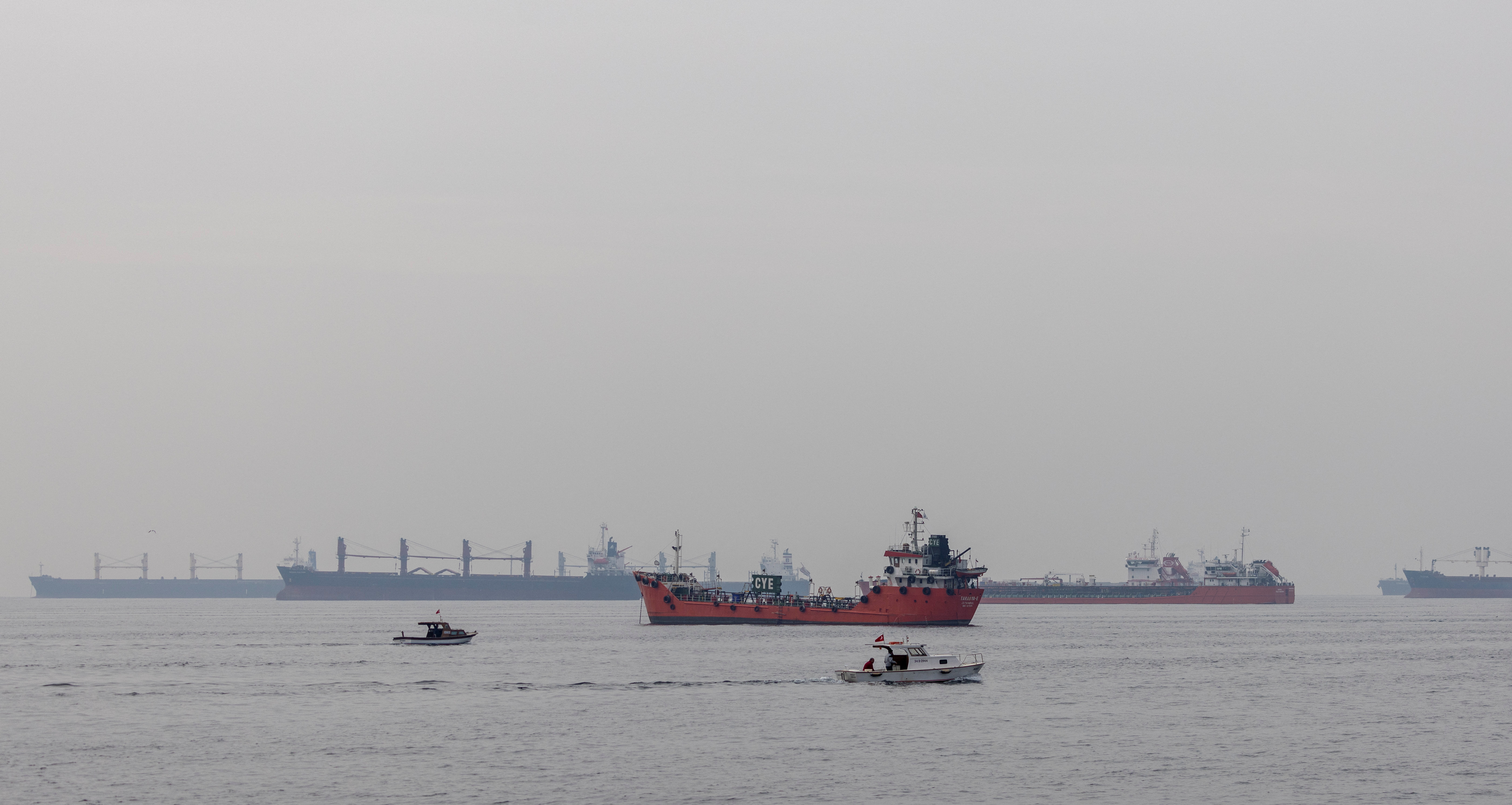 Commercial vessels including vessels which are part of Black Sea grain deal wait to pass the Bosphorus strait off the shores of Yenikapi in Istanbul