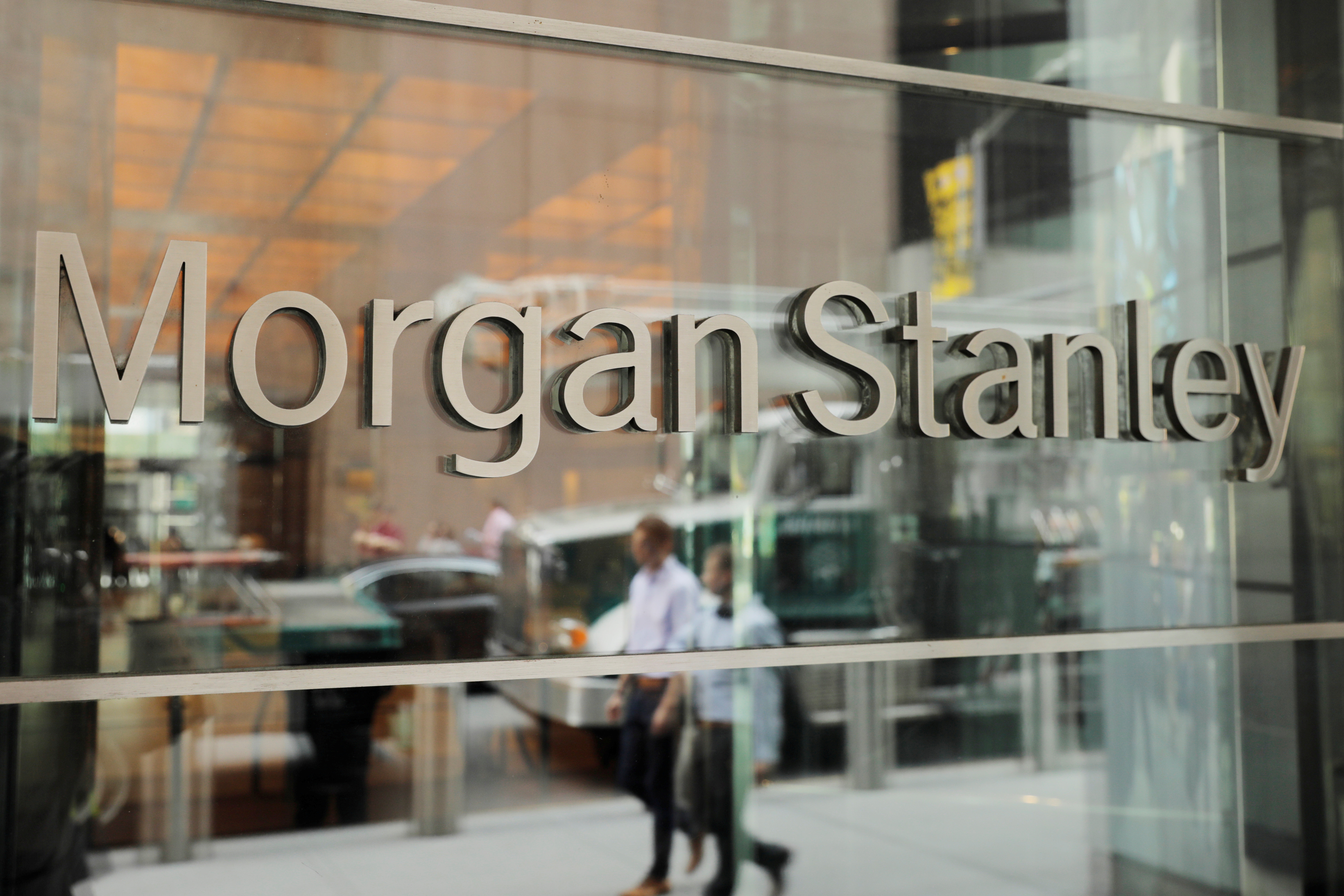 A sign is displayed on the Morgan Stanley building in New York