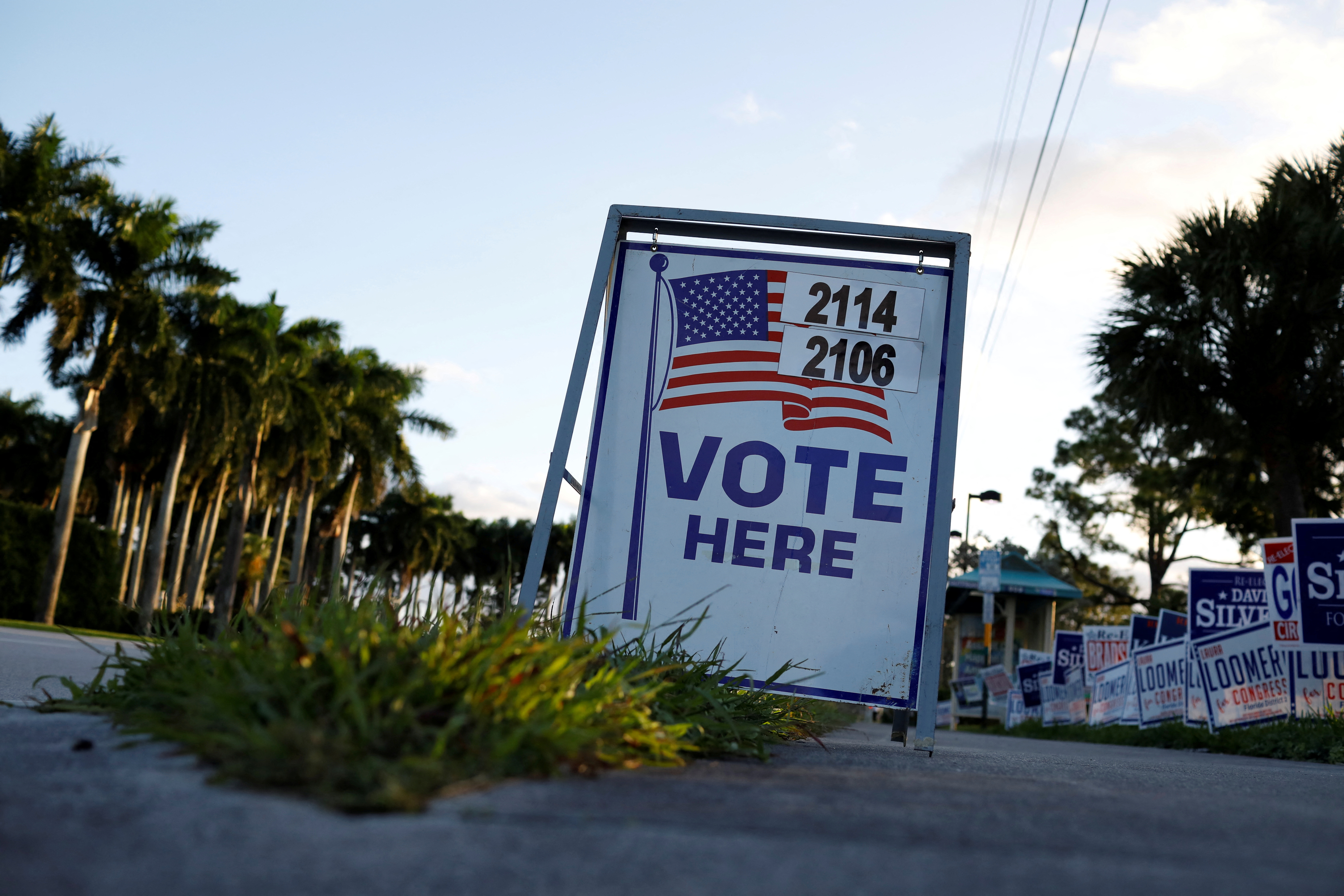 Vote signs outside Palm Beach County Public Library polling station during the 2020 presidential election in Palm Beach