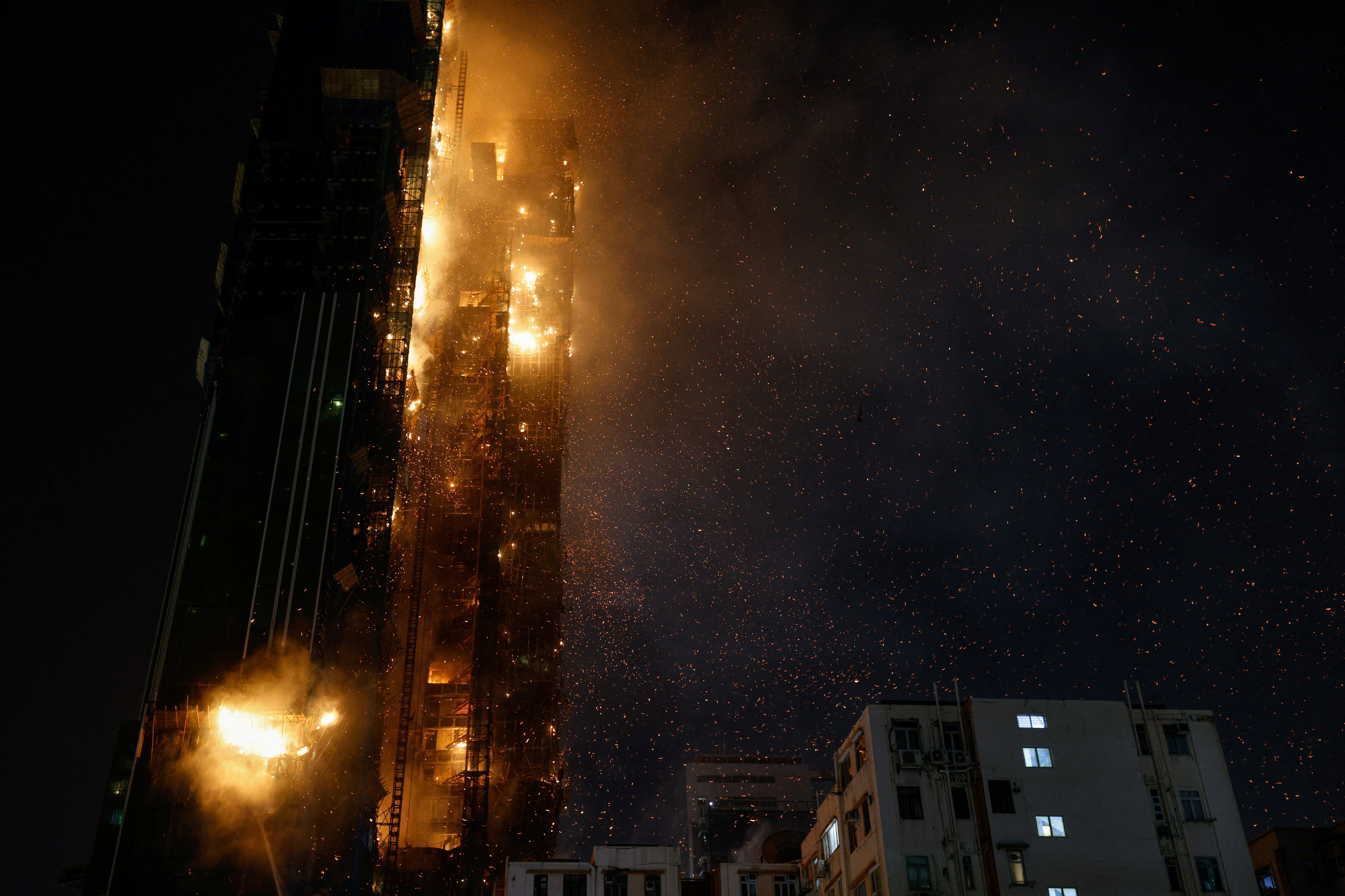 A building is seen on fire in Hong Kong