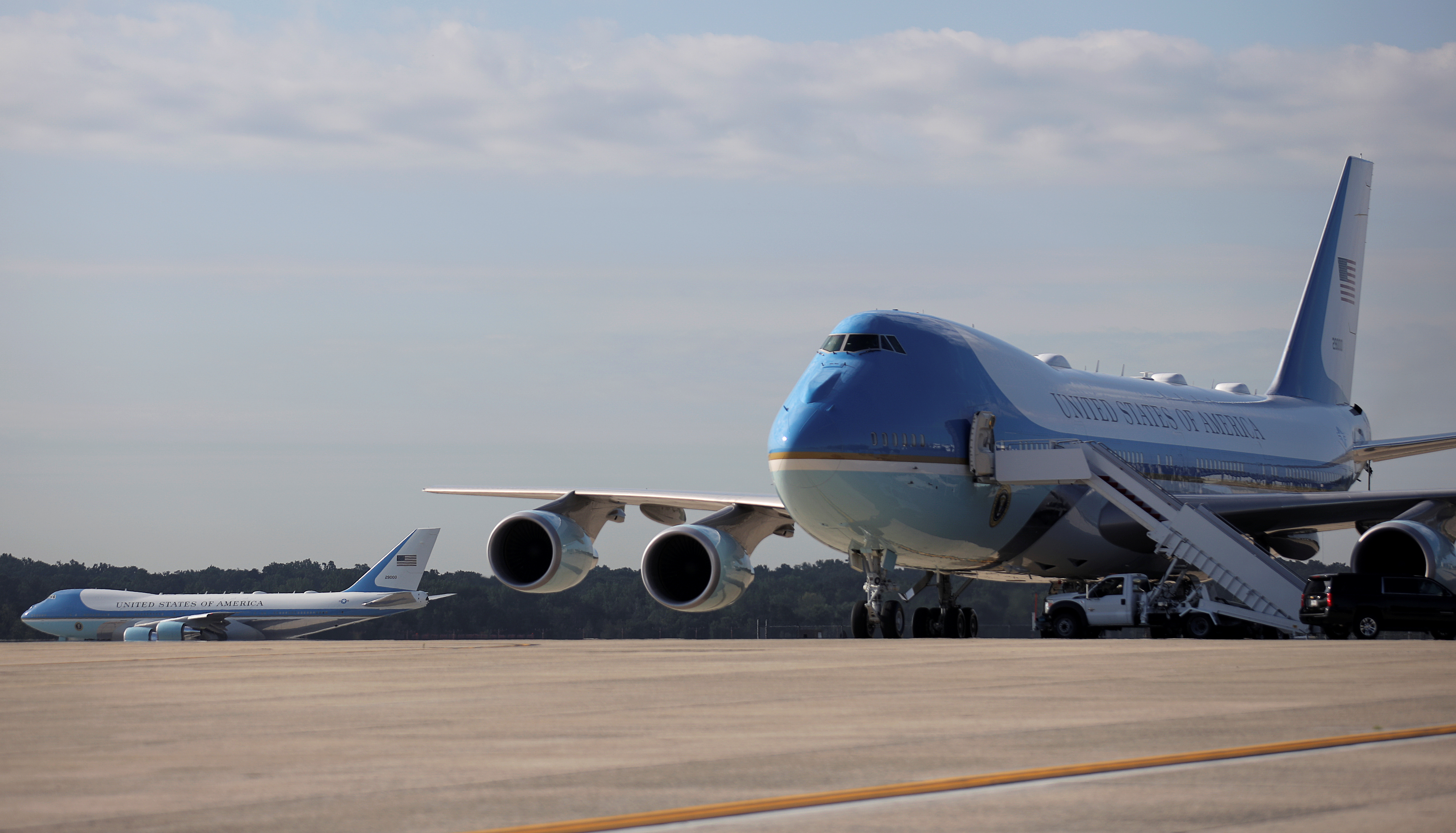A pair of Boeing 747 Air Force One presidential aircraft are seen at Joint Base Andrews in Maryland