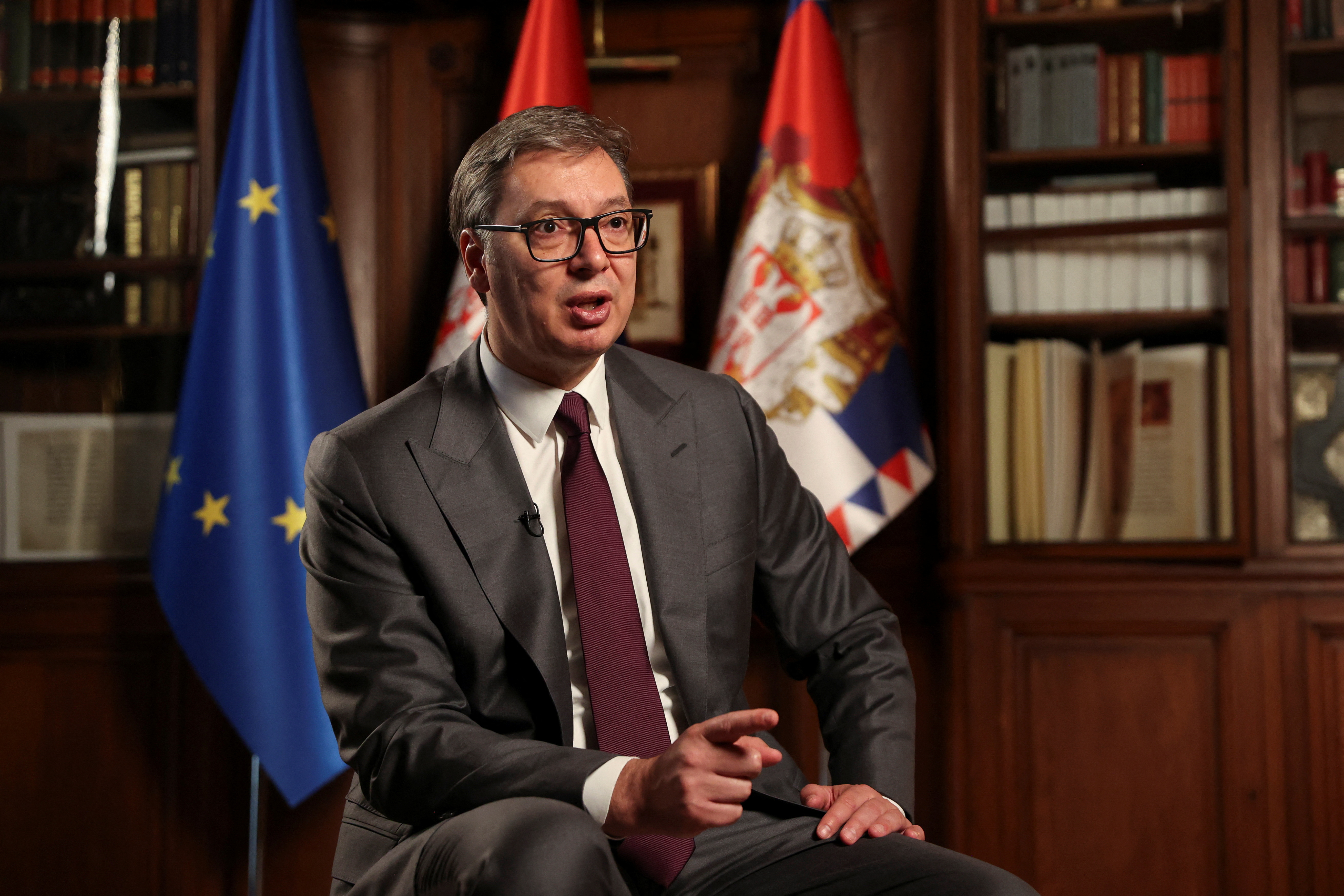 Serbian President Aleksandar Vucic speaks during an interview with Reuters in Belgrade