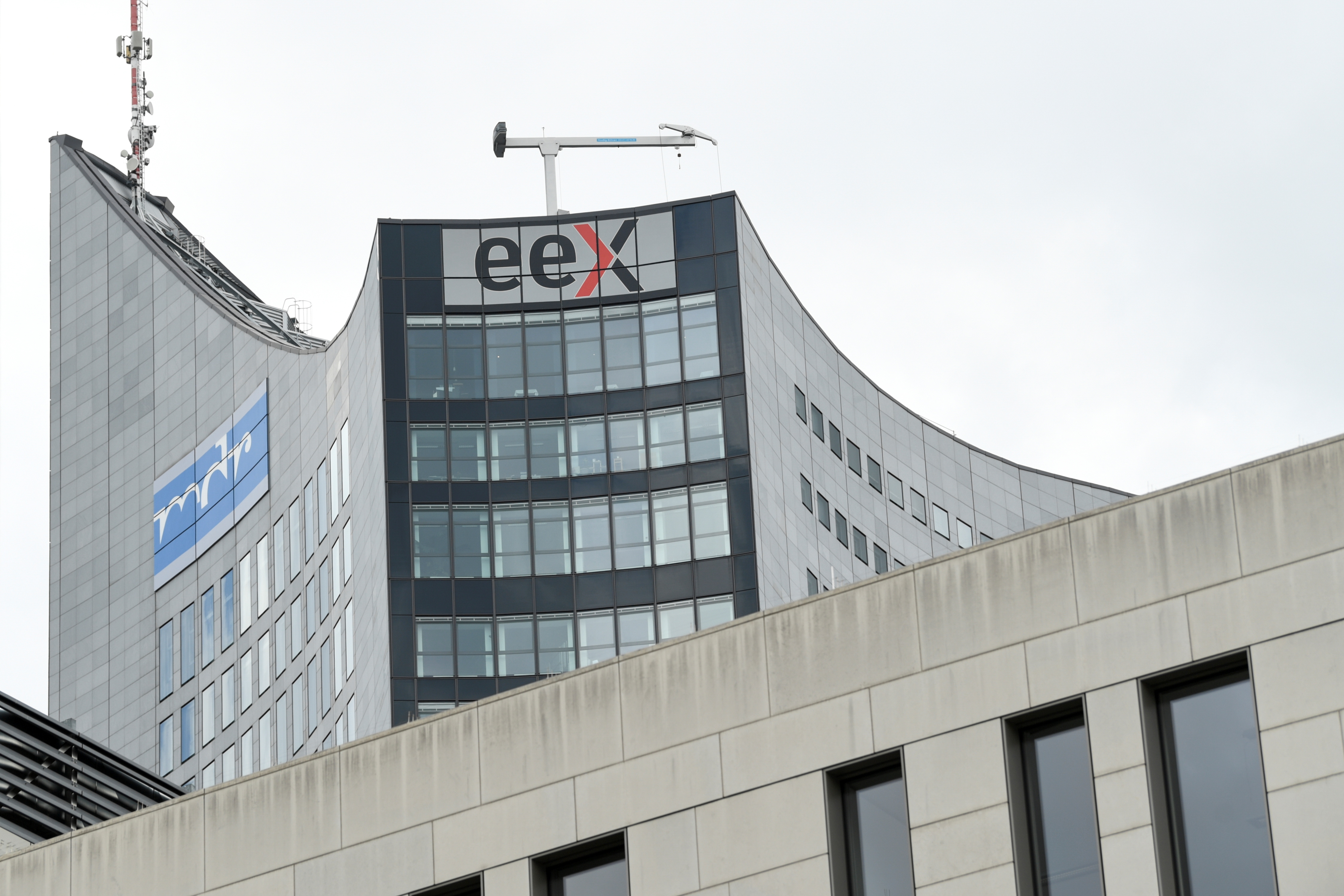 The logo of the European Energy Exchange (EEX), world's biggest online power trading platform is pictured at the headquarters in a centre-of-town high-rise office building in Leipzig